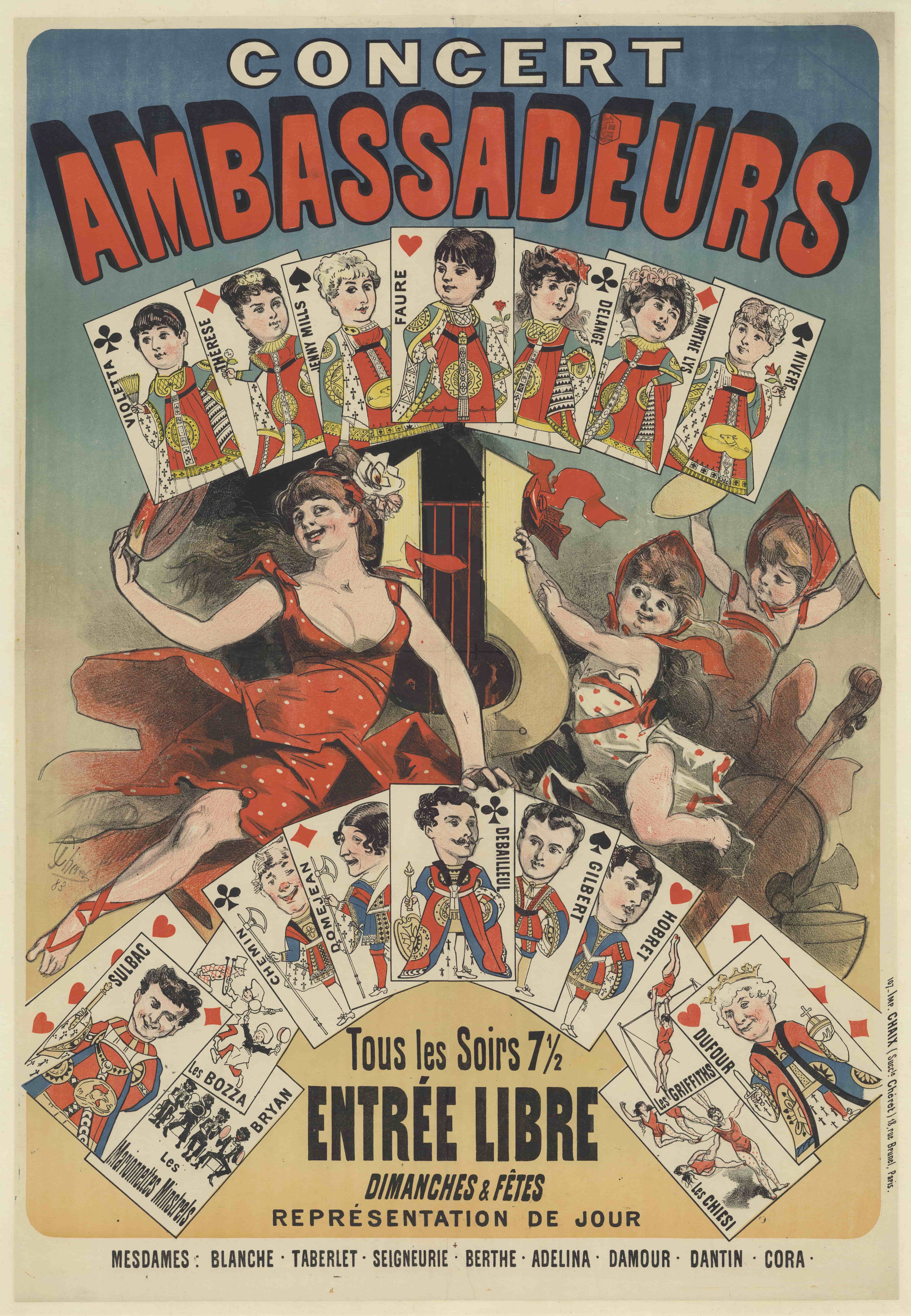 《大使音乐会。每天晚上7点1.2免费入场》（Ambassadors Concert. Every evening 7 1.2 free entry）｜朱尔·谢雷 Jules Chéret｜1883