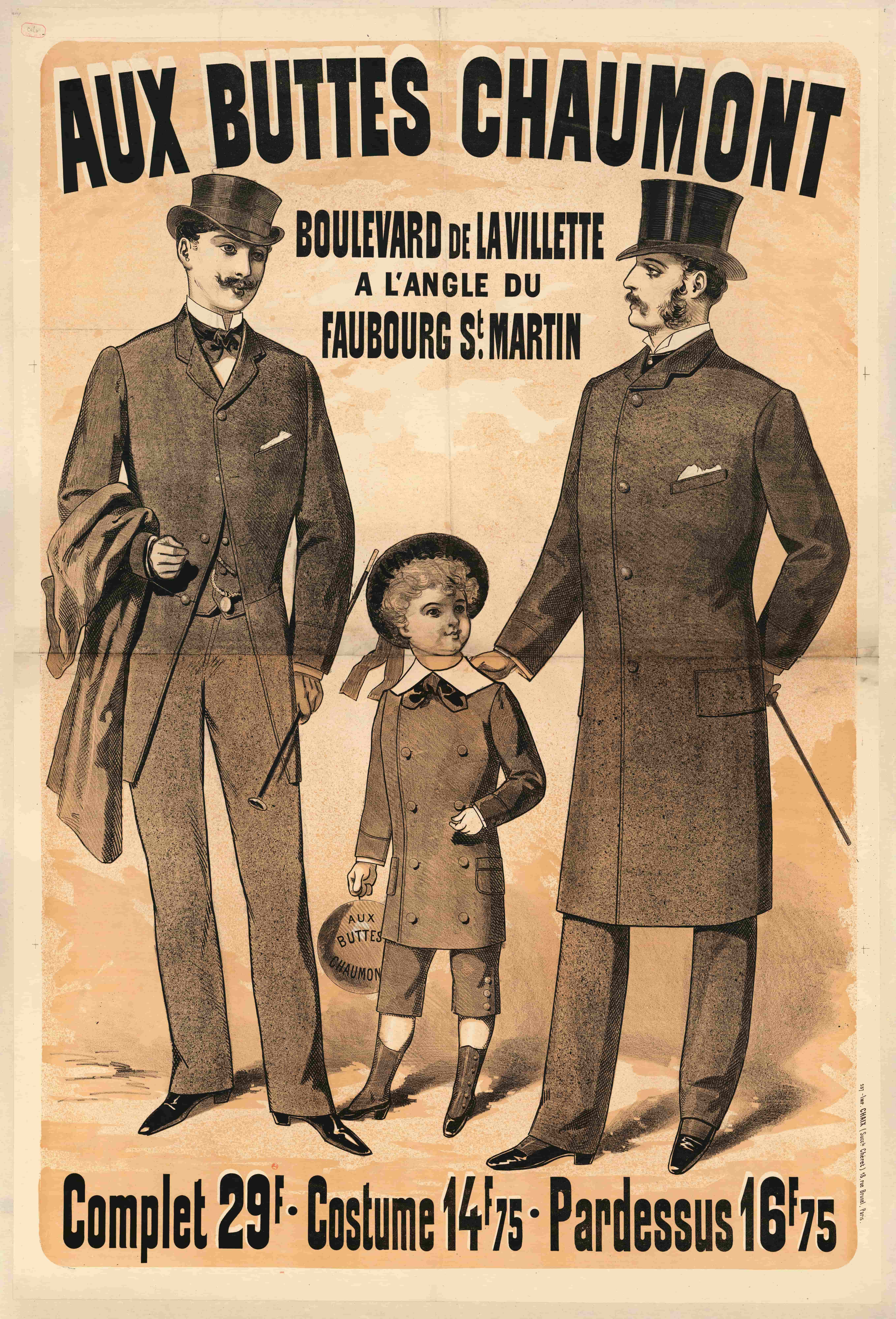 《Aux Buttes Chaumont…，套装 29f.- 套装 14f75 – 大衣 16f75》（Aux Buttes Chaumont…, Suit 29f.- Suit 14f75 – Overcoat 16f75）｜朱尔·谢雷 Jules Chéret｜1883