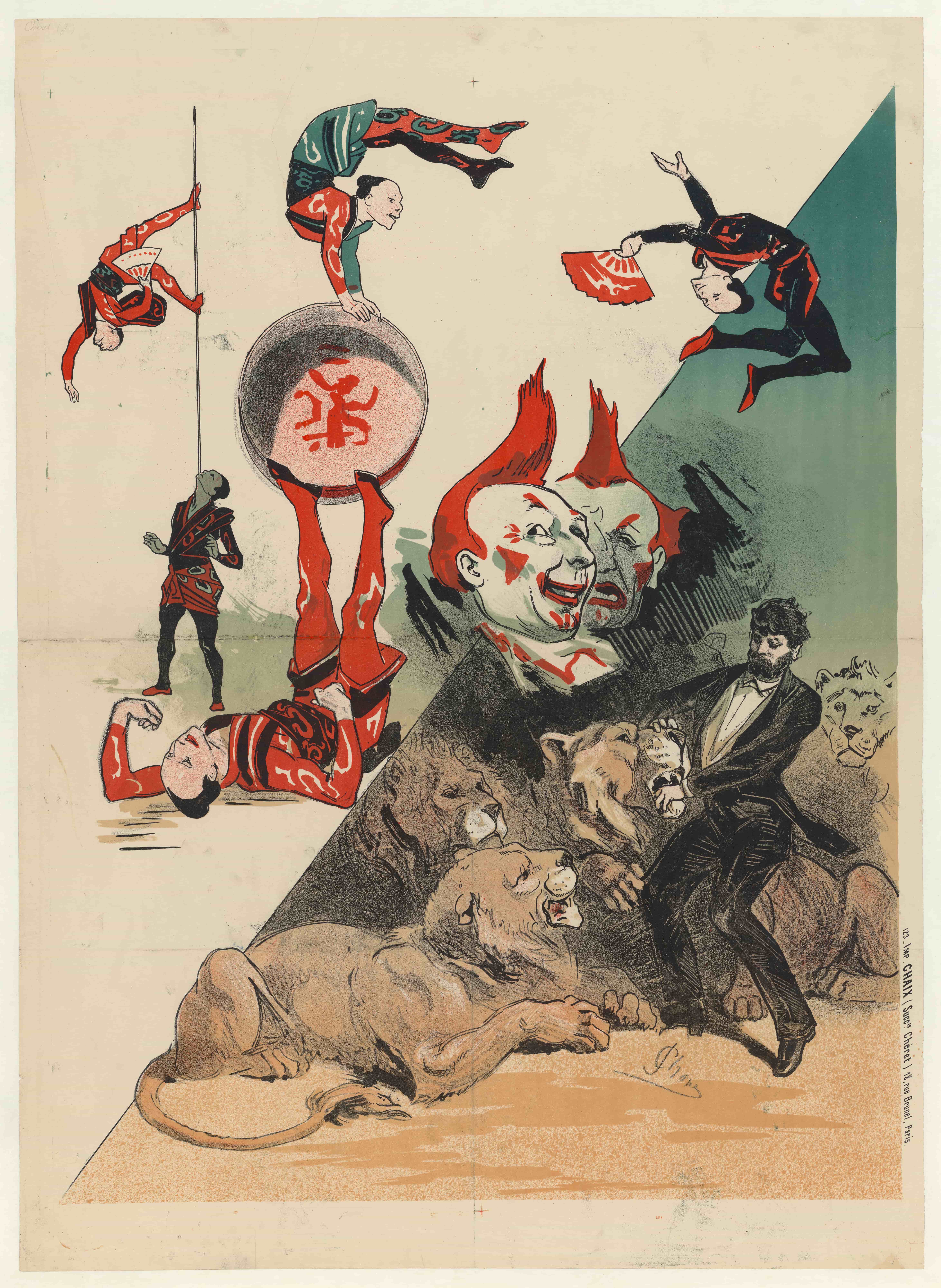 《竞技场——日本杂技演员、小丑和野生动物驯兽师》（Hippodrome – Japanese acrobats, clowns and wild animal tamers）｜朱尔·谢雷 Jules Chéret｜1883