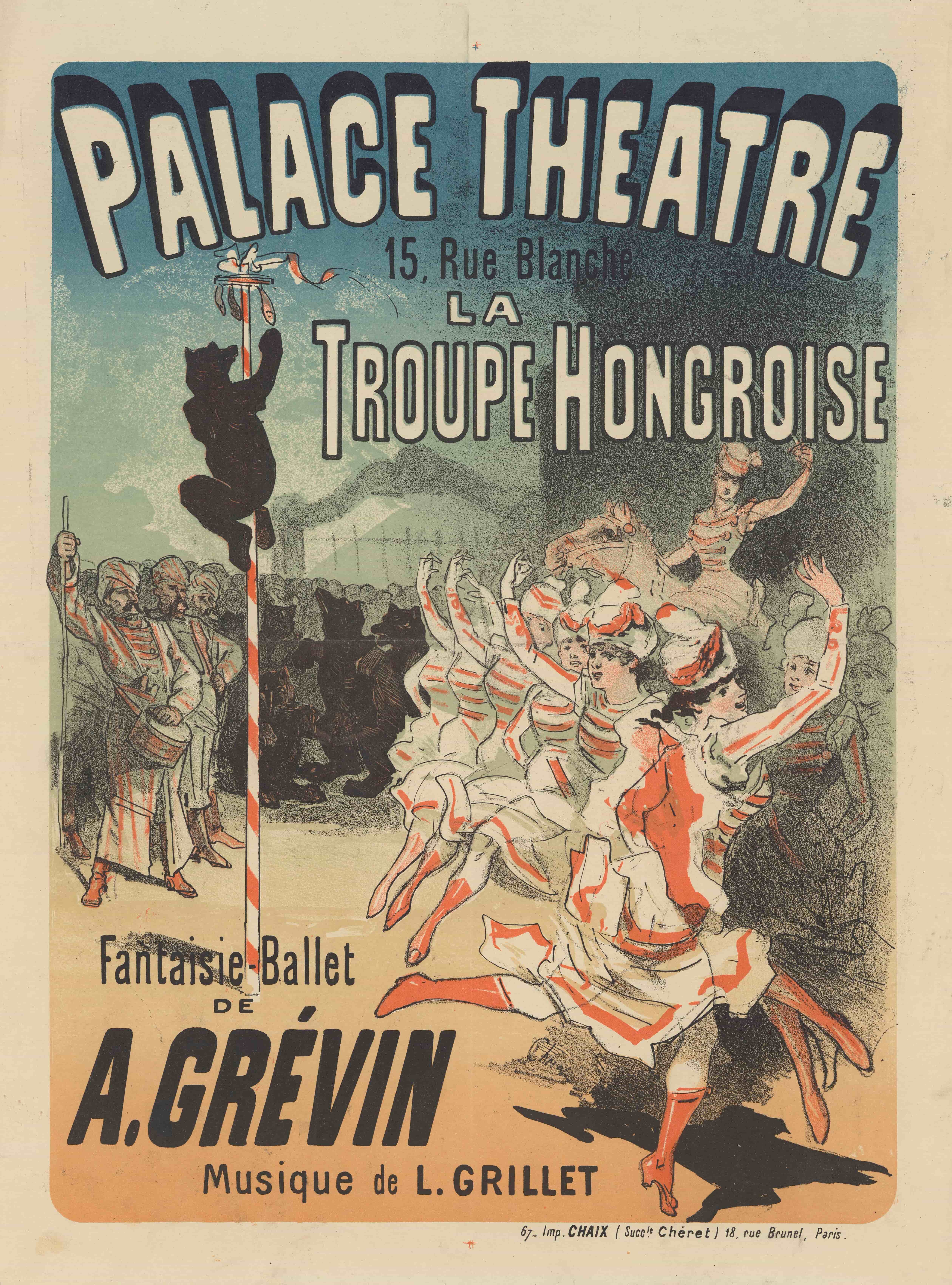 《皇宫剧院……匈牙利剧团。 A. Grévin 的幻想芭蕾舞剧。音乐：L. Grillet》（Palace Theater…The Hungarian troupe. Fantasy-ballet by A. Grévin. Music by L. Grillet）｜朱尔·谢雷 Jules Chéret｜1883