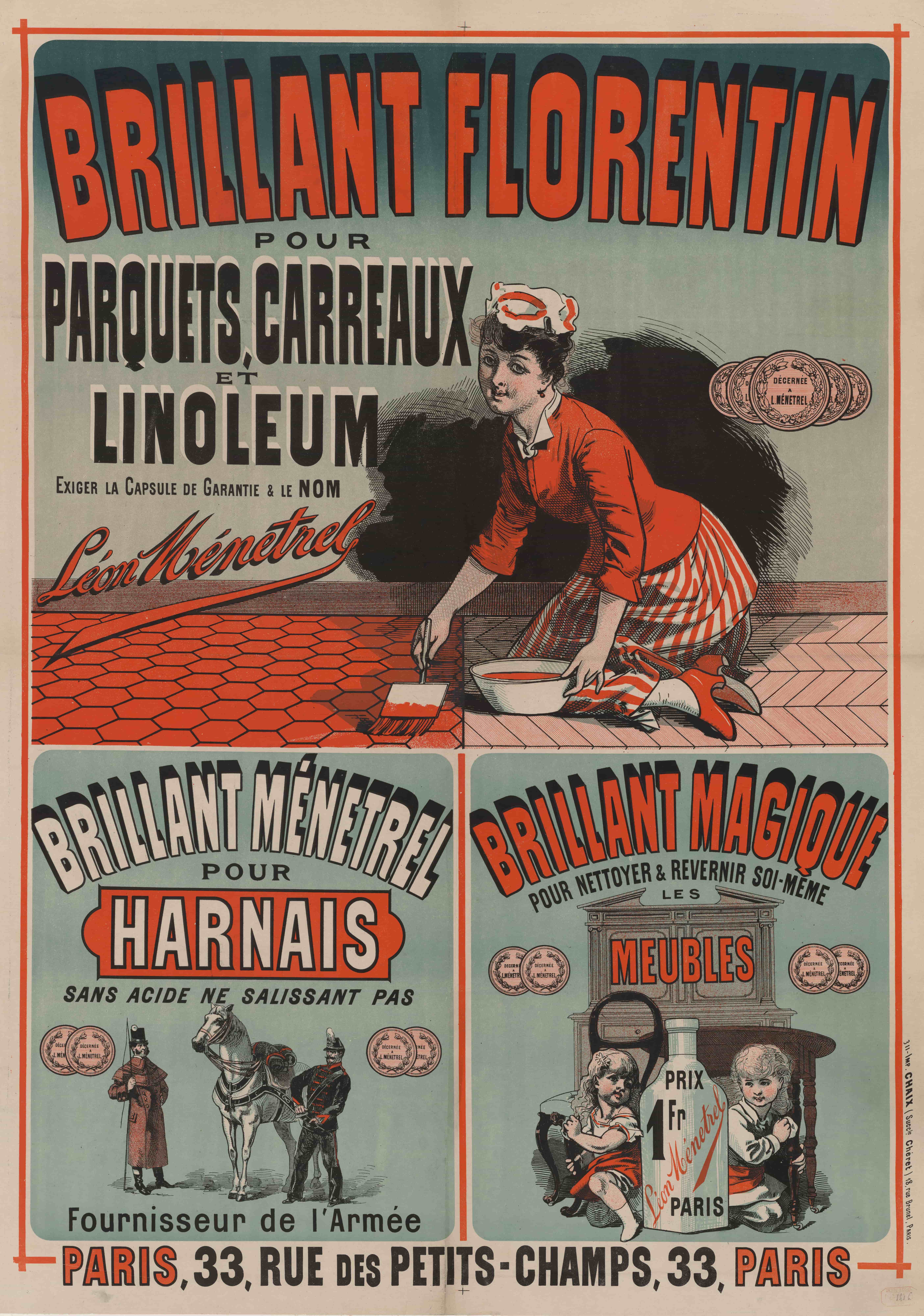 《适用于镶木地板、瓷砖和油毡的 Florentin 光泽剂》（Florentin gloss for parquet, tiles and linoleum）｜朱尔·谢雷 Jules Chéret｜1884