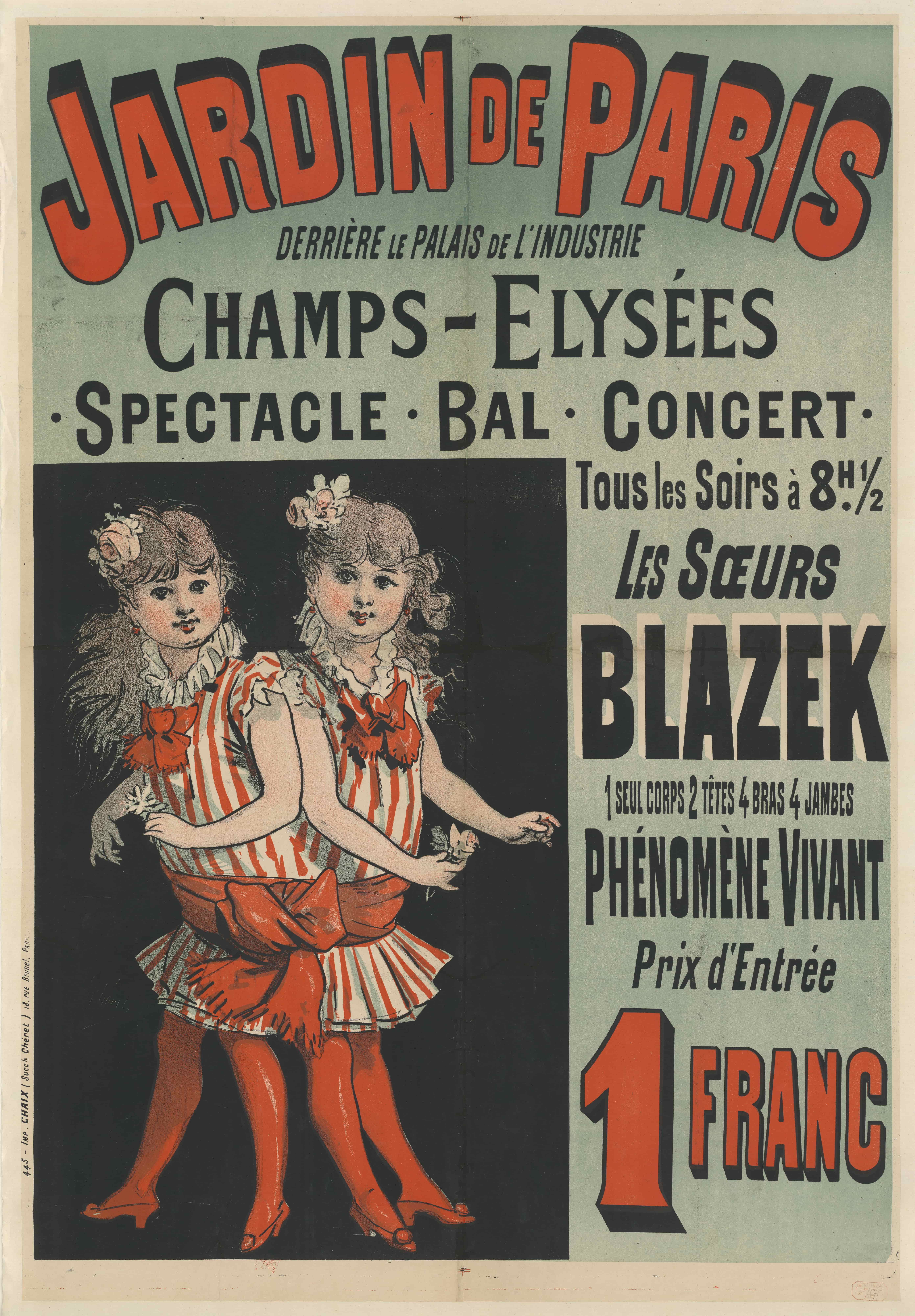 《巴黎花园。布拉泽克姐妹一身二头》（Paris garden. The Blazek Sisters one body 2 heads）｜朱尔·谢雷 Jules Chéret｜1884