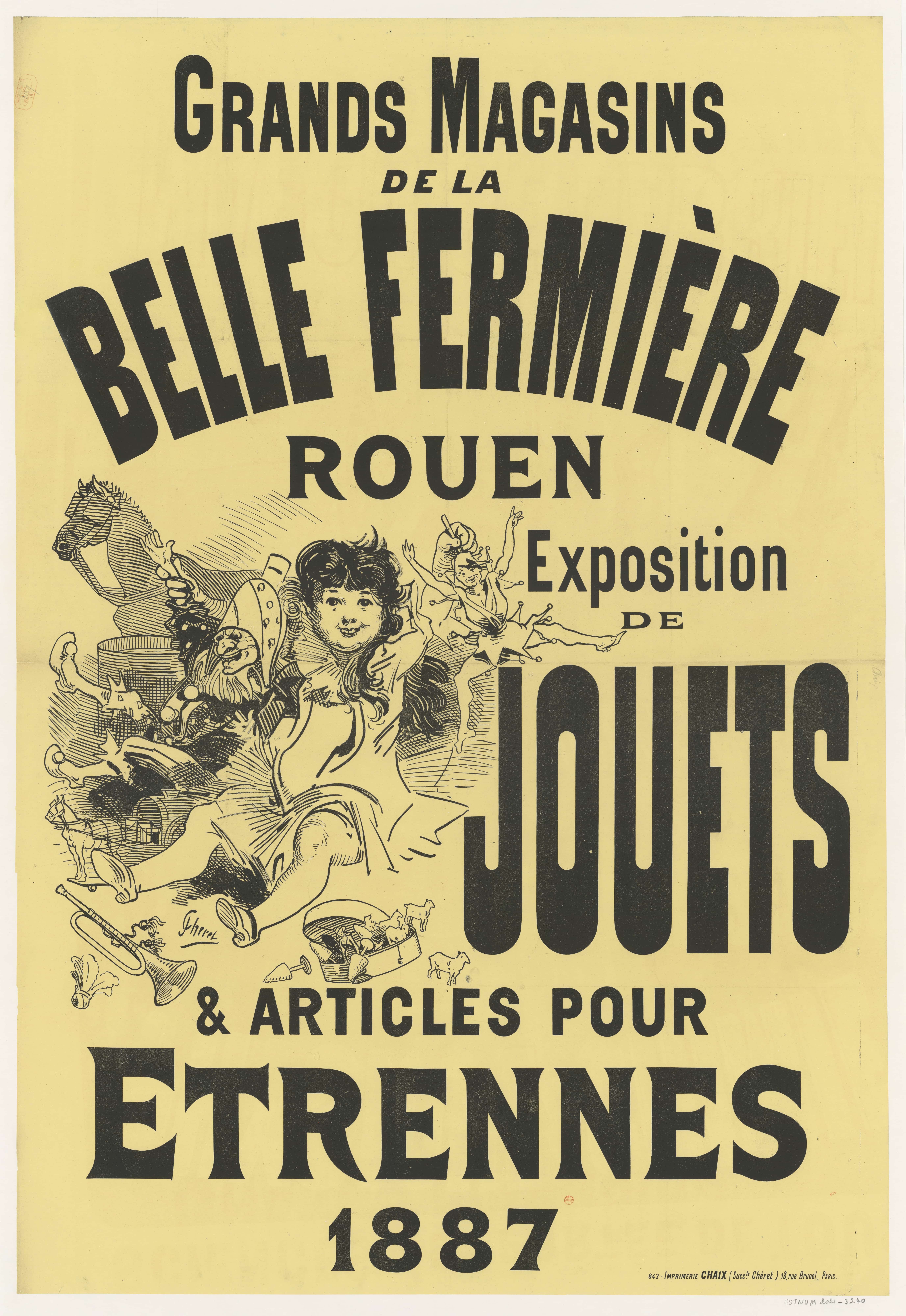 《La Belle Fermière 百货公司。鲁昂。玩具和圣诞礼物展览 1887》（La Belle Fermière department stores. Rouen. Exhibitions of toys & Christmas gifts 1887）｜朱尔·谢雷 Jules Chéret｜1885