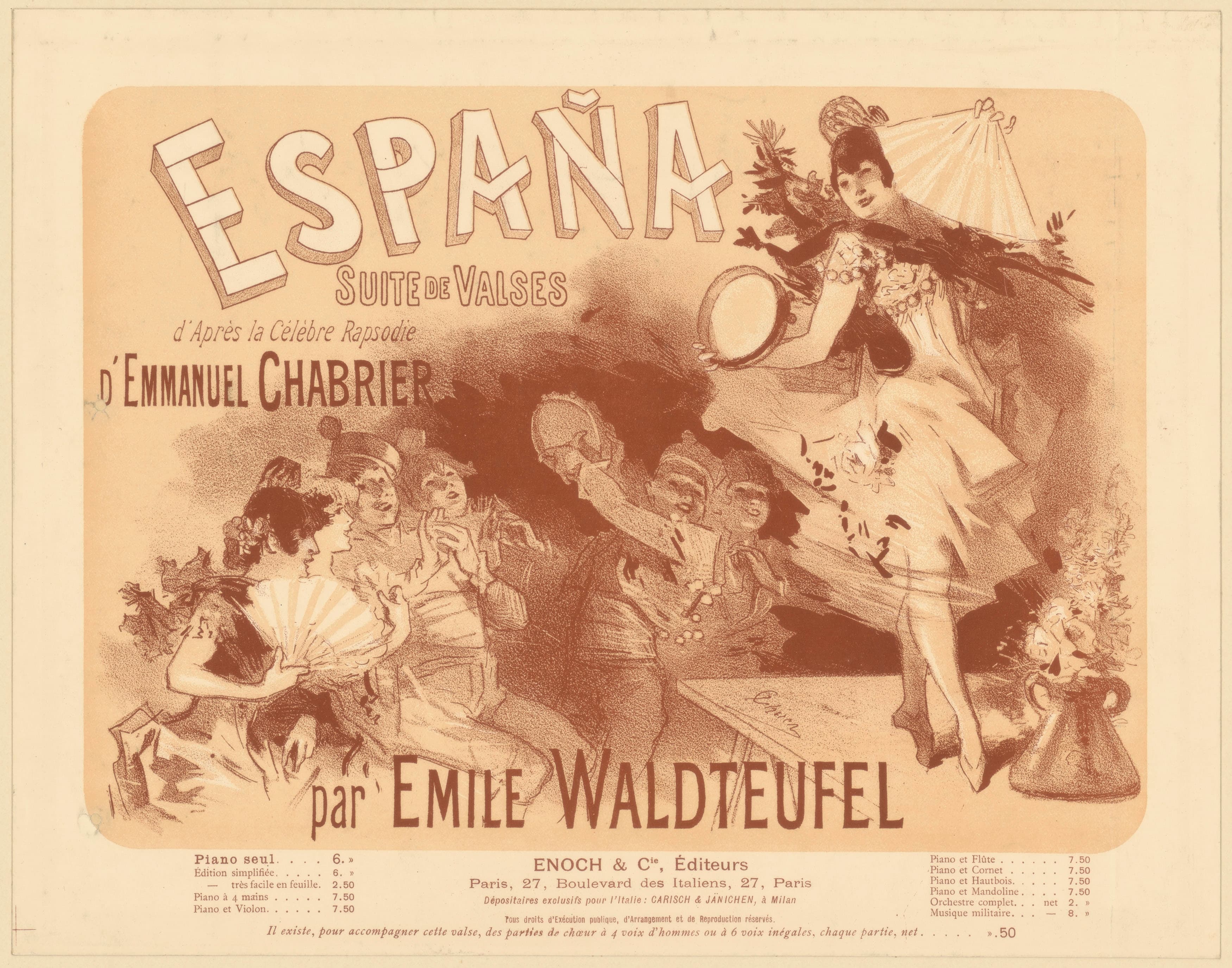 《西班牙。华尔兹组曲，改编自埃米尔·瓦尔德费尔 (Emile Waldteufel) 的伊曼纽尔·夏布里埃狂想曲》（Spain. Suite of Waltzes based on the Rapsodie of Emmanuel Chabrier by Emile Waldteufel）｜朱尔·谢雷 Jules Chéret｜1885