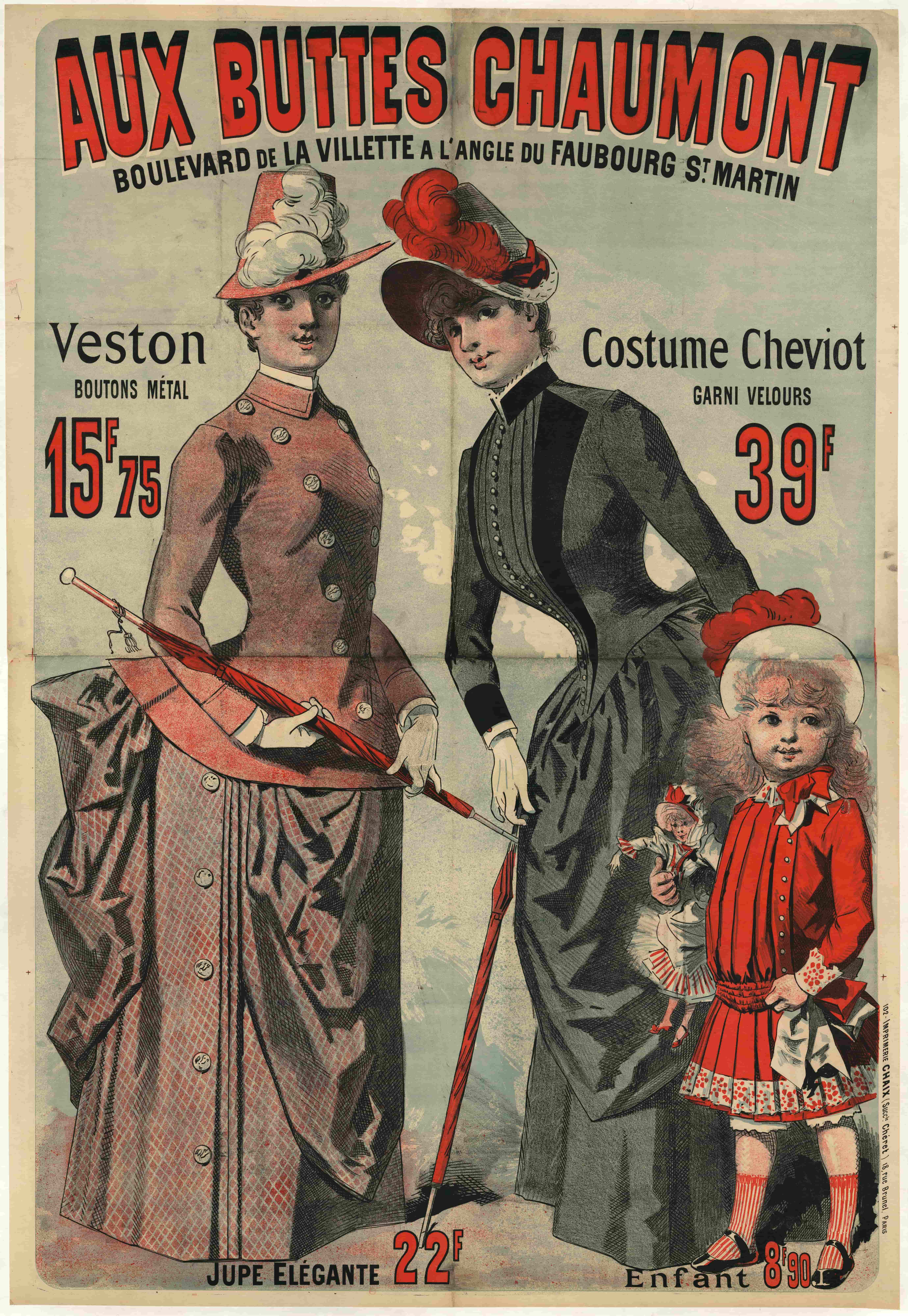 《在肖蒙山丘。金属纽扣夹克 15f.75 – 天鹅绒边饰 cheviot 西装》（At Buttes Chaumont. Metal button jacket 15f.75 – Velvet trimmed cheviot suit）｜朱尔·谢雷 Jules Chéret｜1886