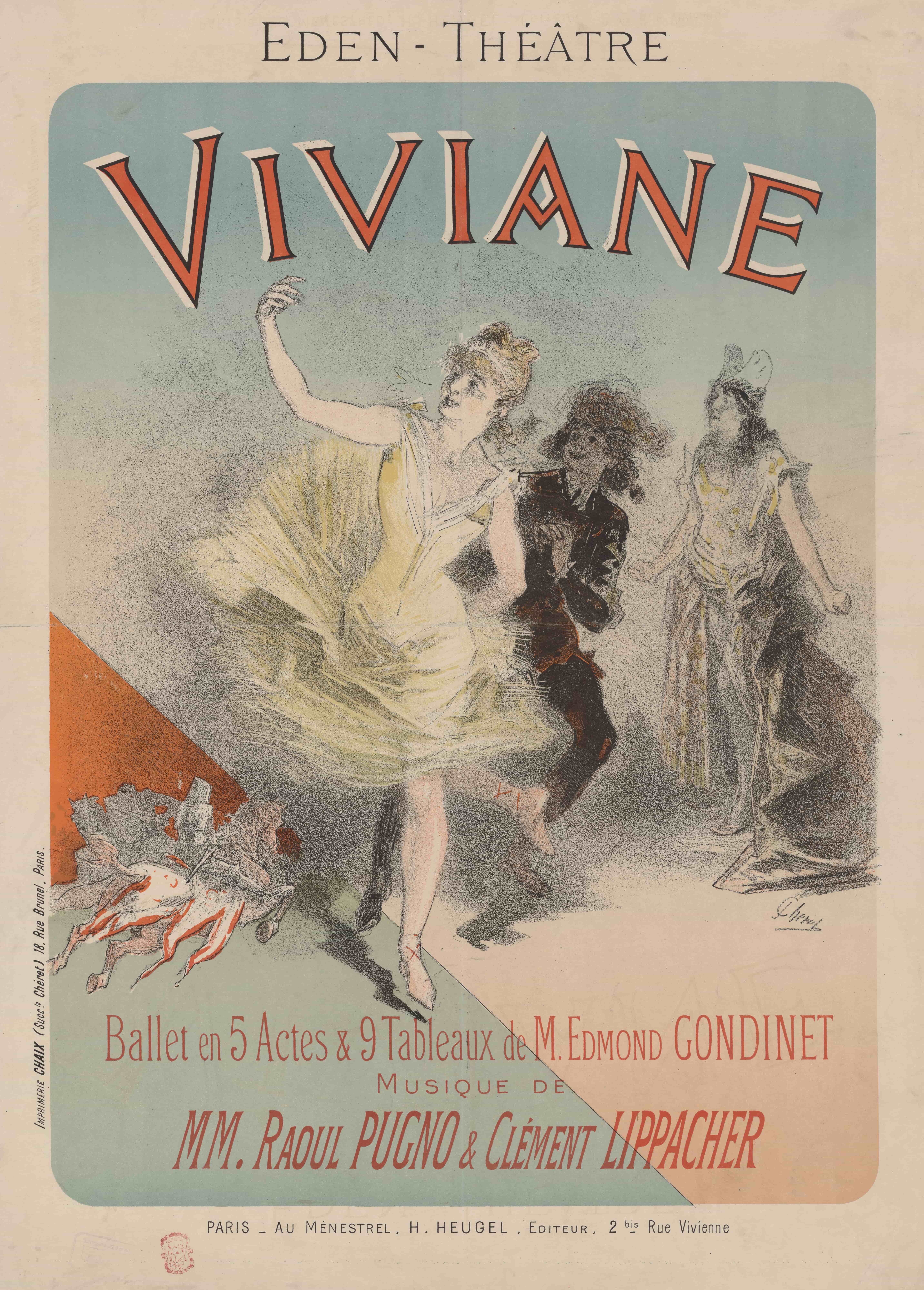 《伊甸园剧院。 《Viviane》，5幕芭蕾舞剧和Edmond Gondinet先生的9幅画作。》（Eden Theater. Viviane, ballet in 5 acts and 9 paintings by Mr. Edmond Gondinet.）｜朱尔·谢雷 Jules Chéret｜1886