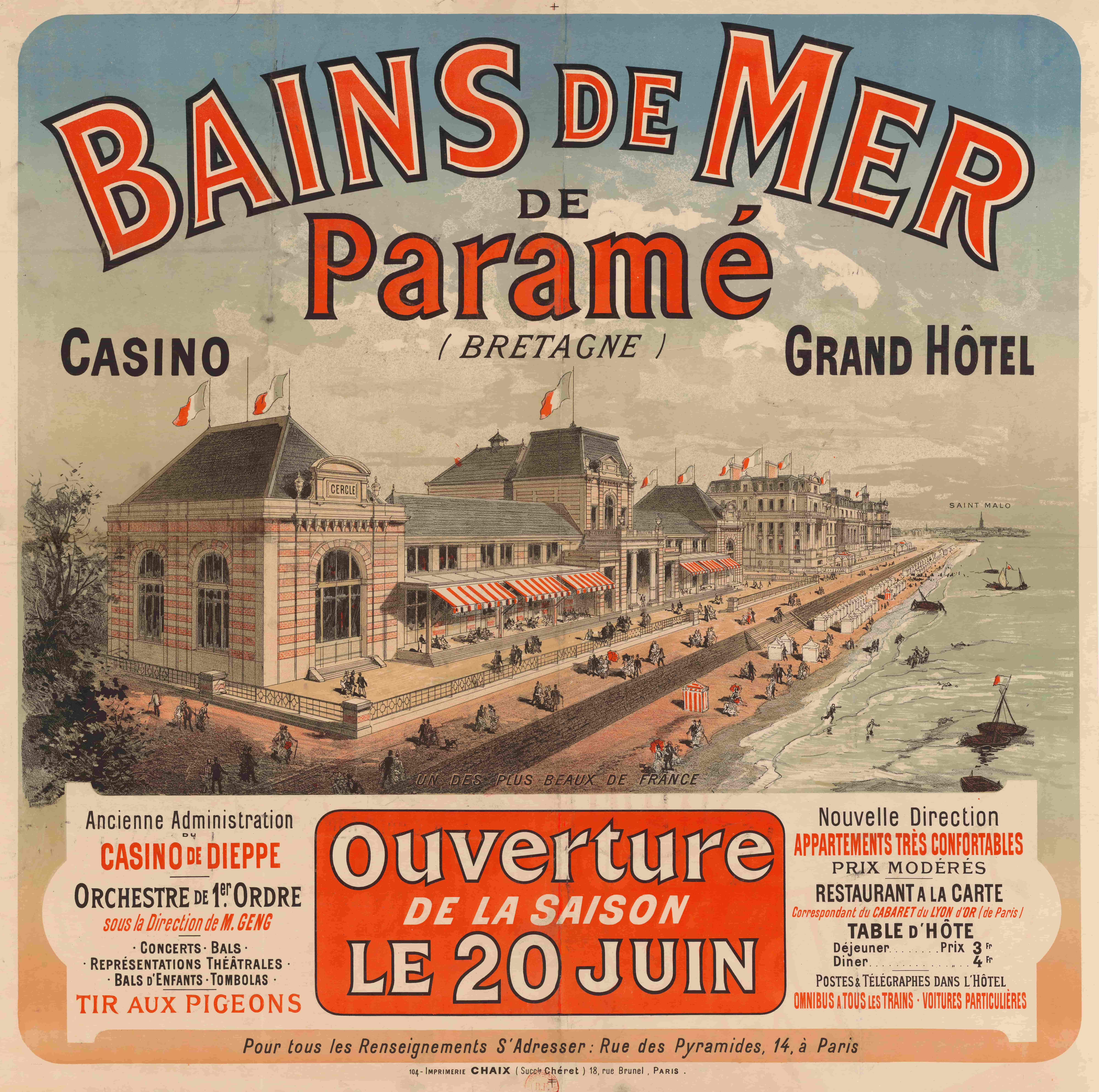《帕拉梅海水浴场（布列塔尼），Grand Hôtel，6 月 20 日开放》（Paramé sea baths (Brittany), Grand Hôtel, opening of the season on June 20）｜朱尔·谢雷 Jules Chéret｜1886