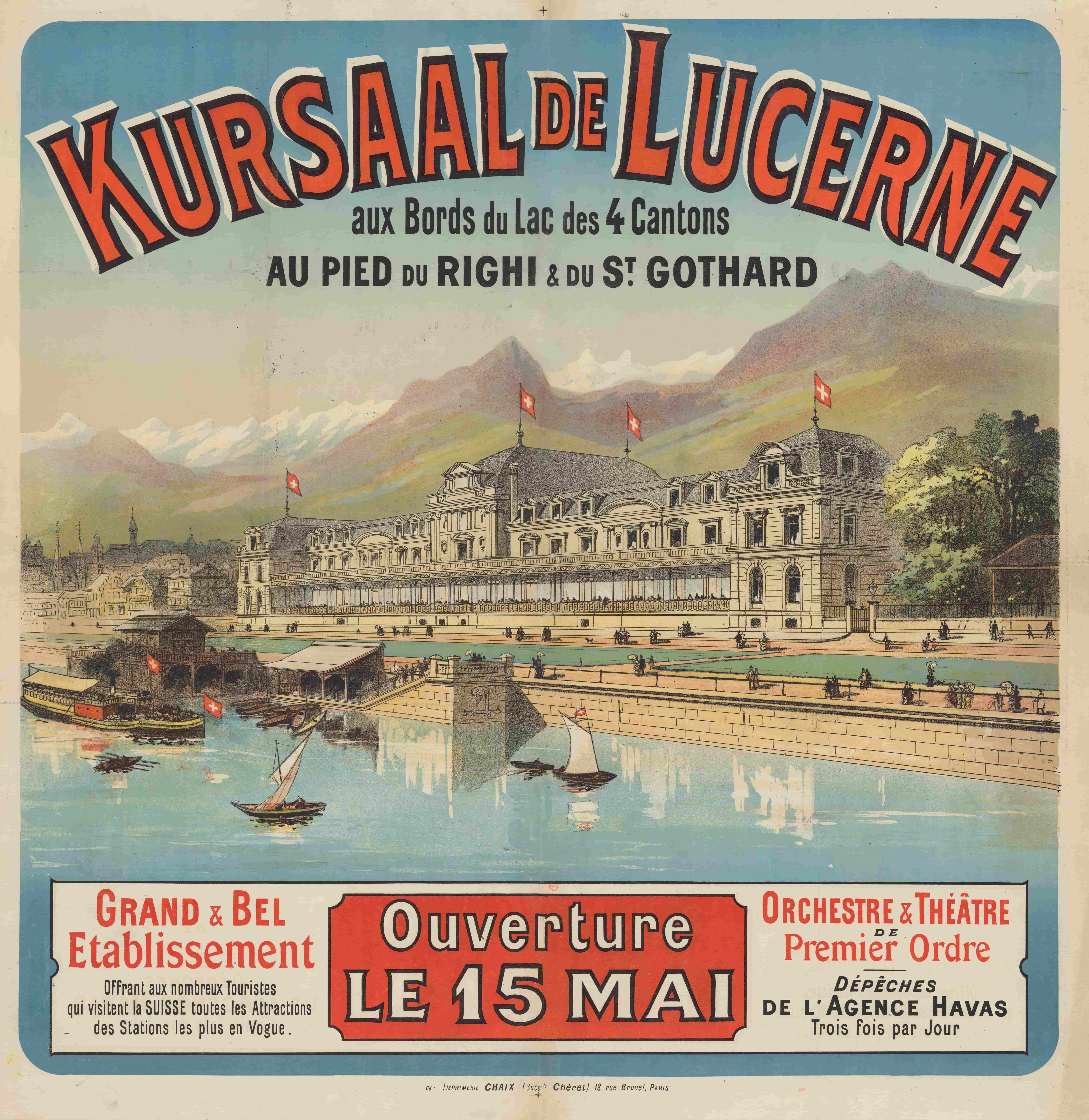 《卢塞恩库萨尔 (Kursaal) 位于四个州的湖畔》（Kursaal of Lucerne on the banks of the Lake of the 4 cantons）｜朱尔·谢雷 Jules Chéret｜1887