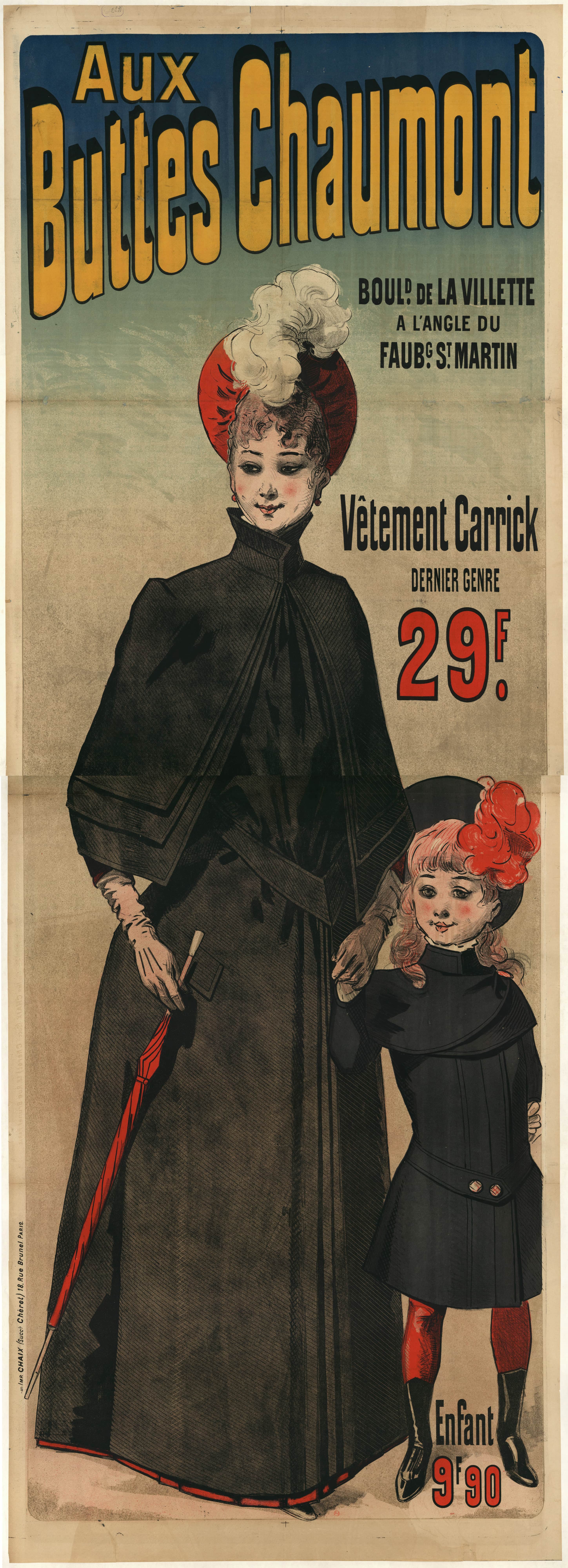 《在肖蒙山丘。卡里克服装楦型29f》（At Buttes Chaumont. Carrick clothing last type 29f）｜朱尔·谢雷 Jules Chéret｜1888