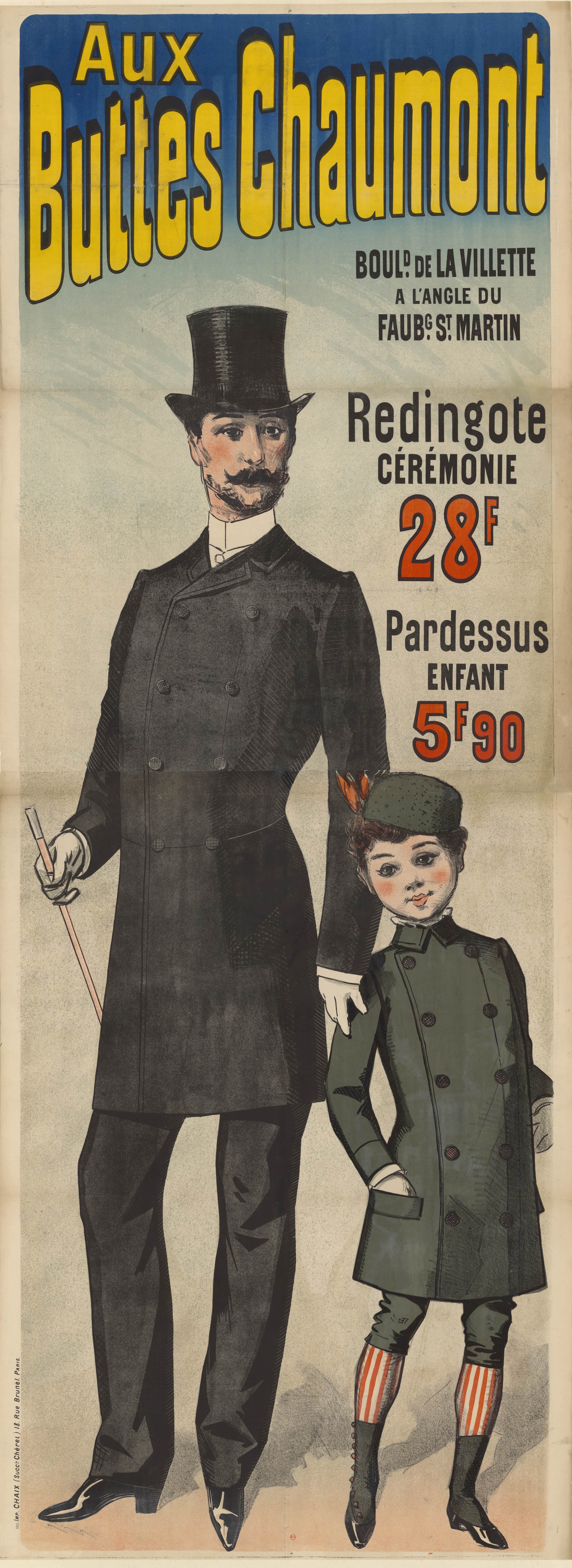 《在肖蒙山丘。礼服大衣 28 F. 儿童大衣 5 F90》（At Buttes Chaumont. Ceremonial frock coat 28 F. child overcoat 5 F90）｜朱尔·谢雷 Jules Chéret｜1888