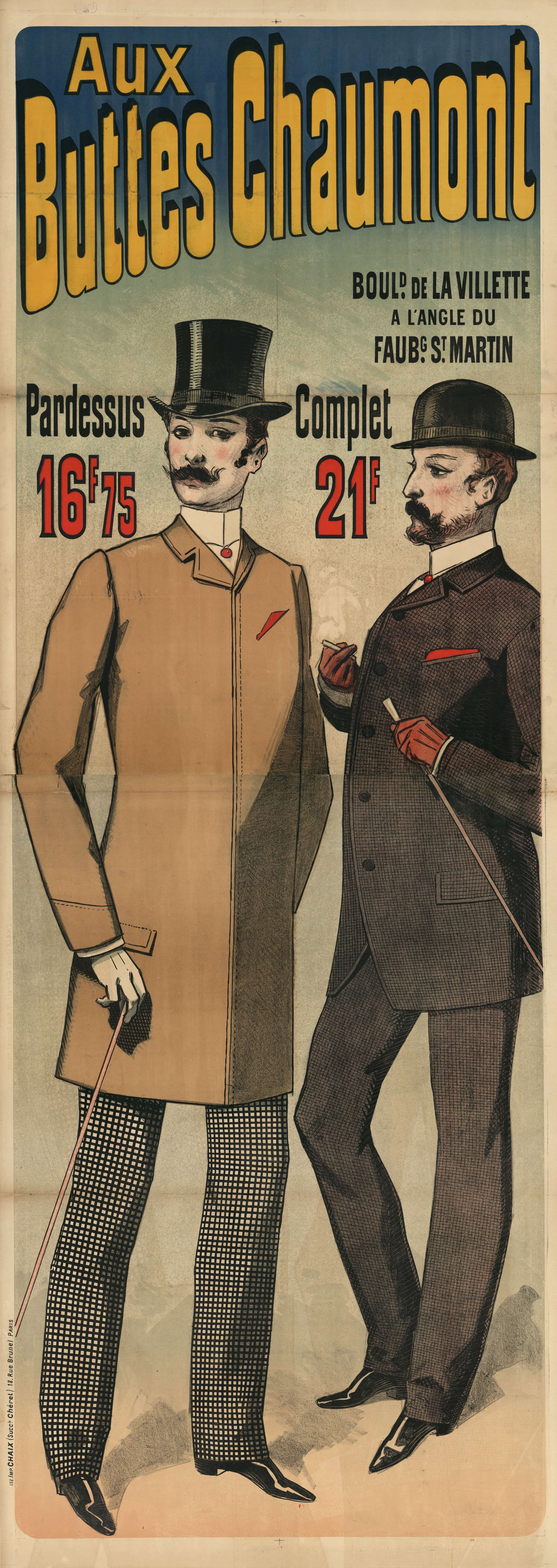 《在肖蒙山丘。大衣 16f75 – 套装 21f》（At Buttes Chaumont. Overcoat 16f75 – Suit 21f）｜朱尔·谢雷 Jules Chéret｜1888