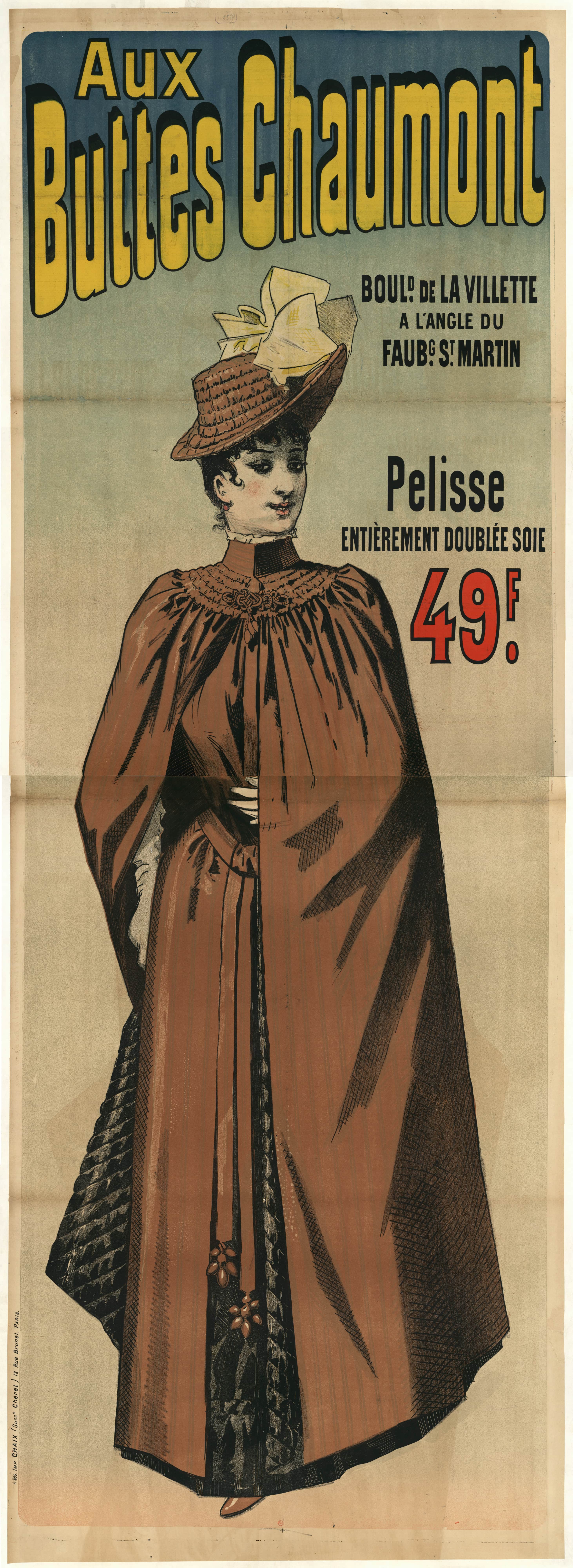《在肖蒙山丘。 Pelisse 全衬里真丝 49f》（At Buttes Chaumont. Pelisse fully lined with silk 49f）｜朱尔·谢雷 Jules Chéret｜1888