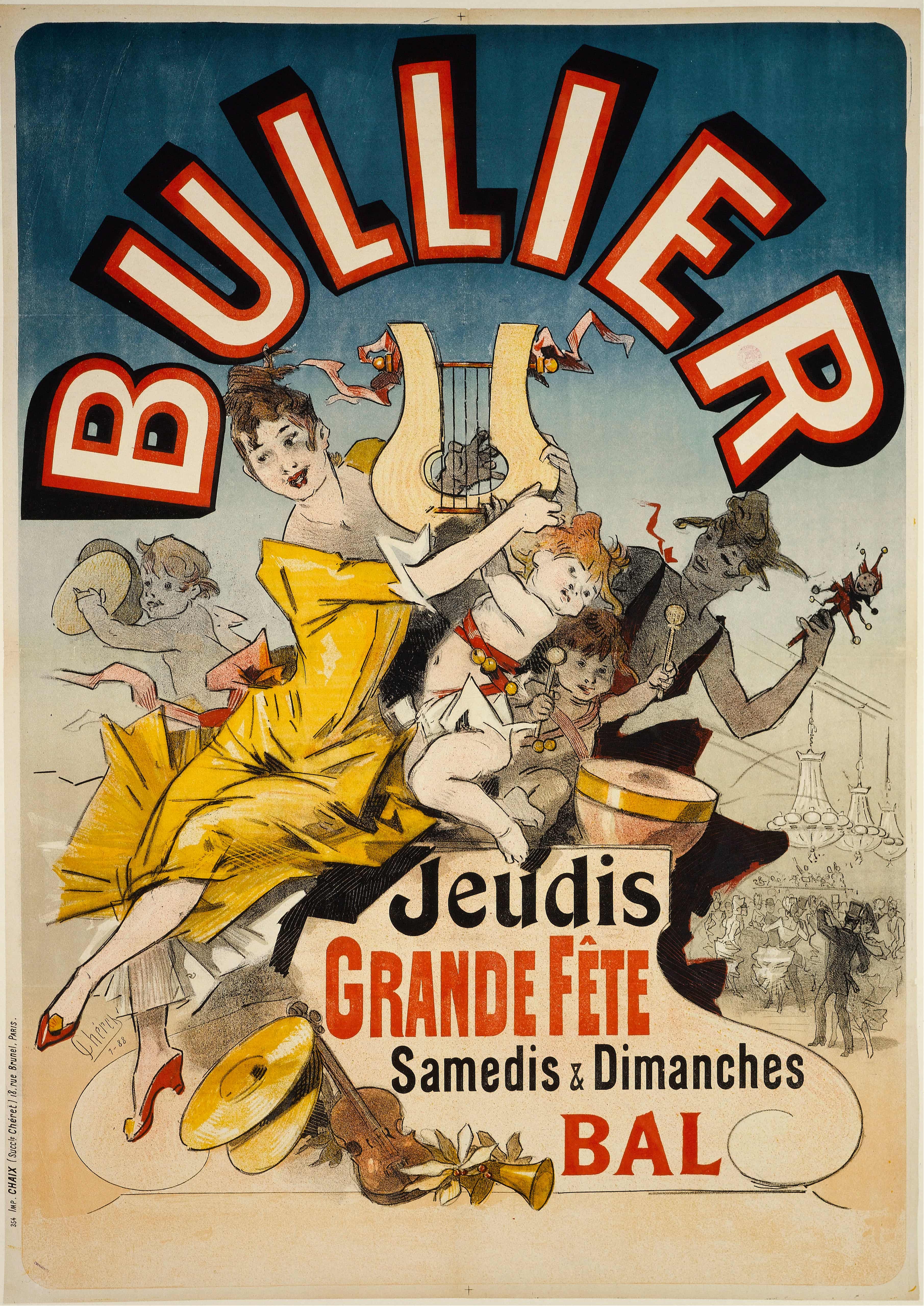 《Bullier 周四 Grande Fete 周六和周日舞会》（Bullier Thursdays Grande Fete Saturdays And Sundays Ball）｜朱尔·谢雷 Jules Chéret｜1888