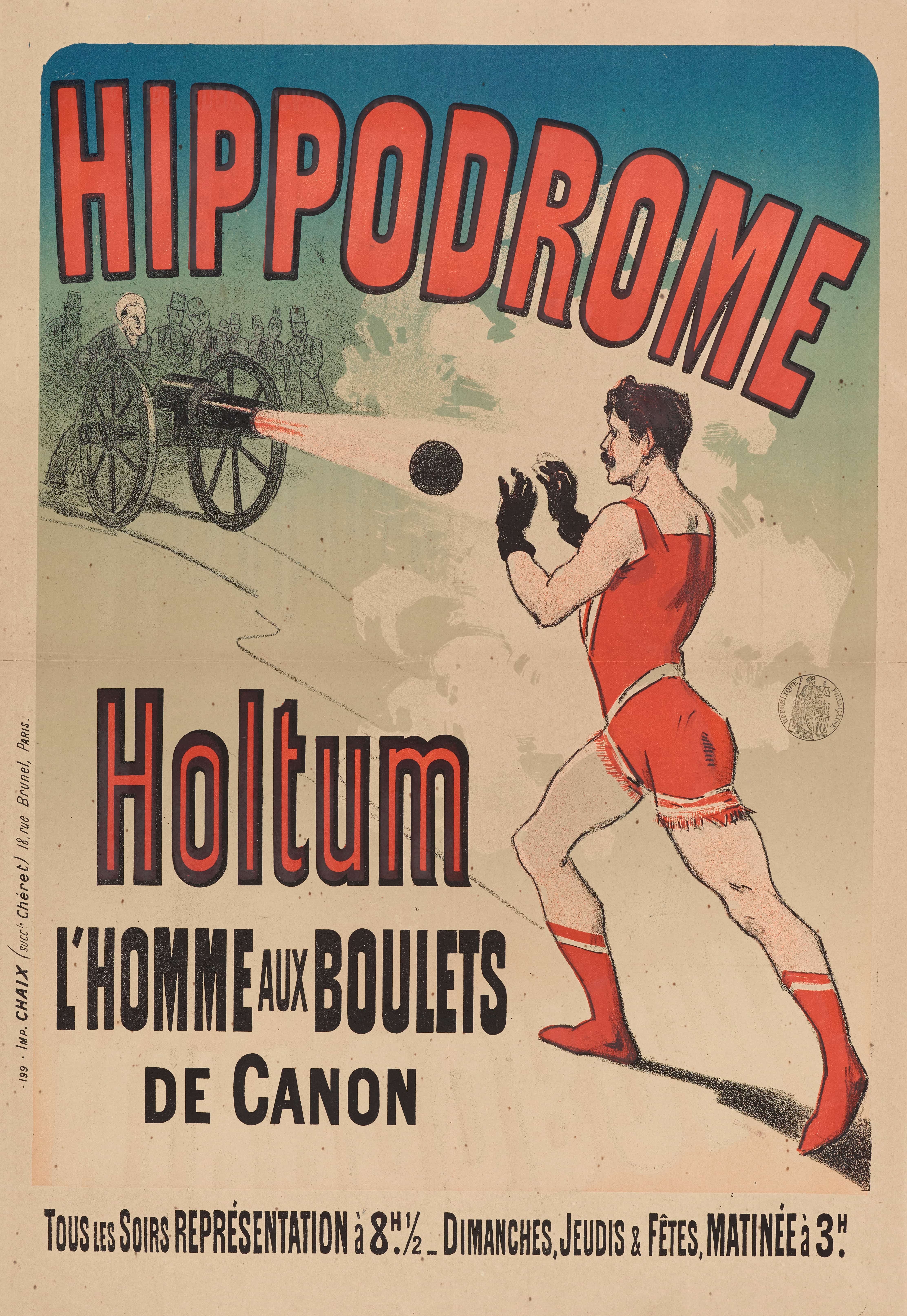 《霍尔图姆赛马场 拿炮弹的人》（Holtum Racecourse The Man With The Cannonballs）｜朱尔·谢雷 Jules Chéret｜1888