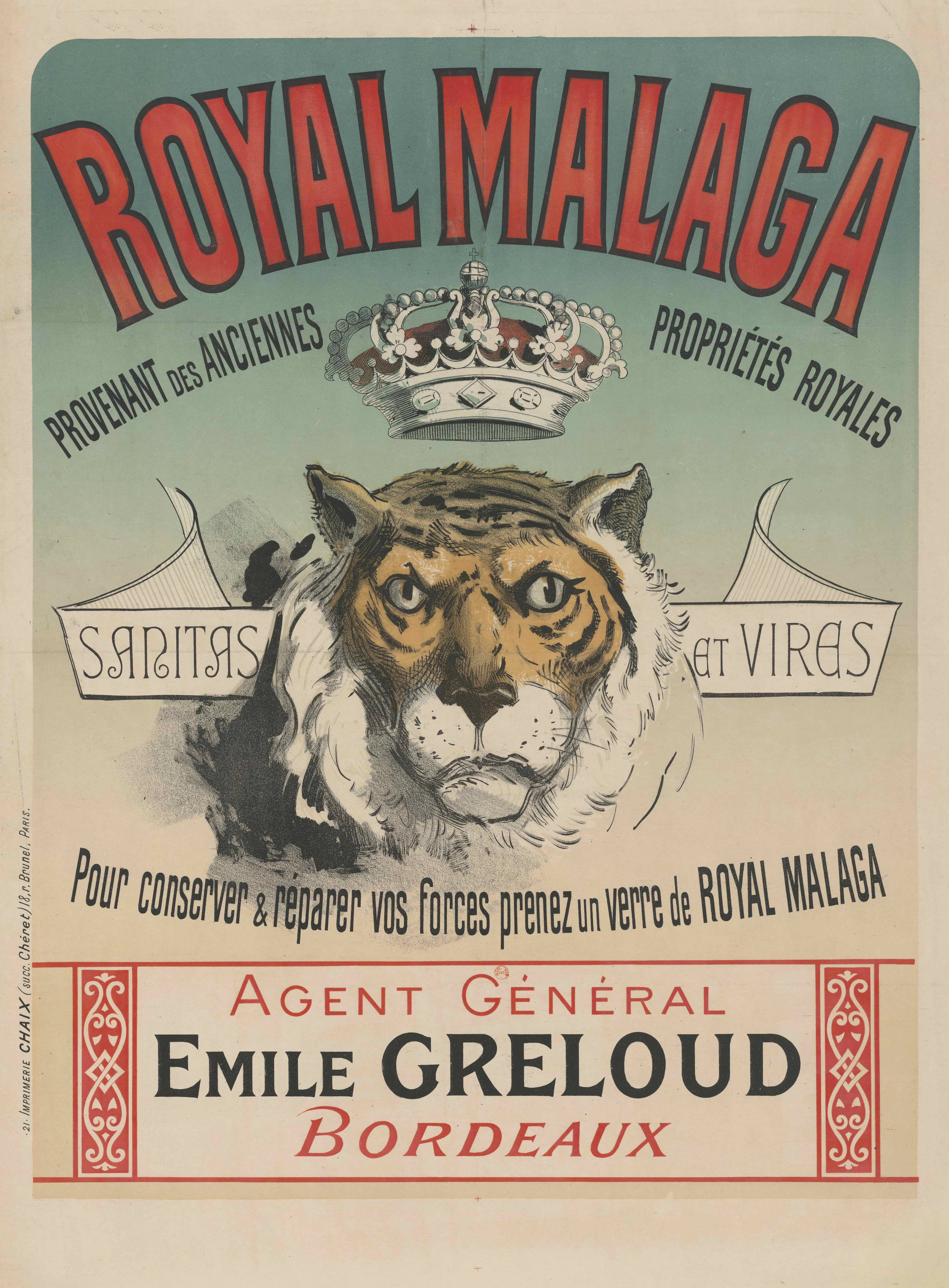 《皇家马拉加酒广告》（Royal Málaga. sanitas and vires. to preserve & repair your strength, have a glass of Royal Malaga）｜朱尔·谢雷 Jules Chéret｜1888