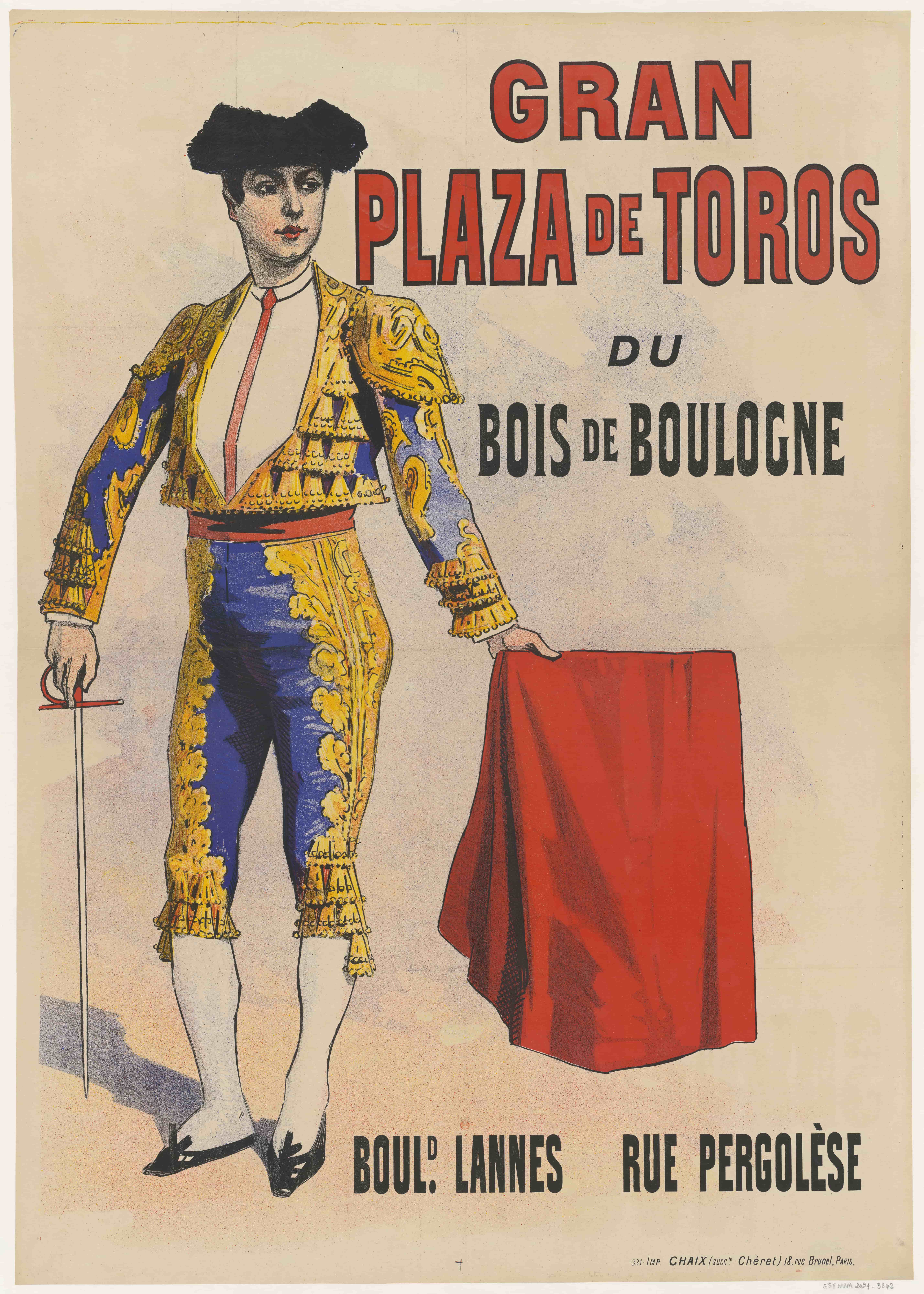 《布洛涅森林的大型斗牛广场。博尔。拉纳，佩尔戈莱塞街》（Gran bullfighting plaza in the Bois de Boulogne. Boul. Lannes, rue Pergolèse）｜朱尔·谢雷 Jules Chéret｜1889