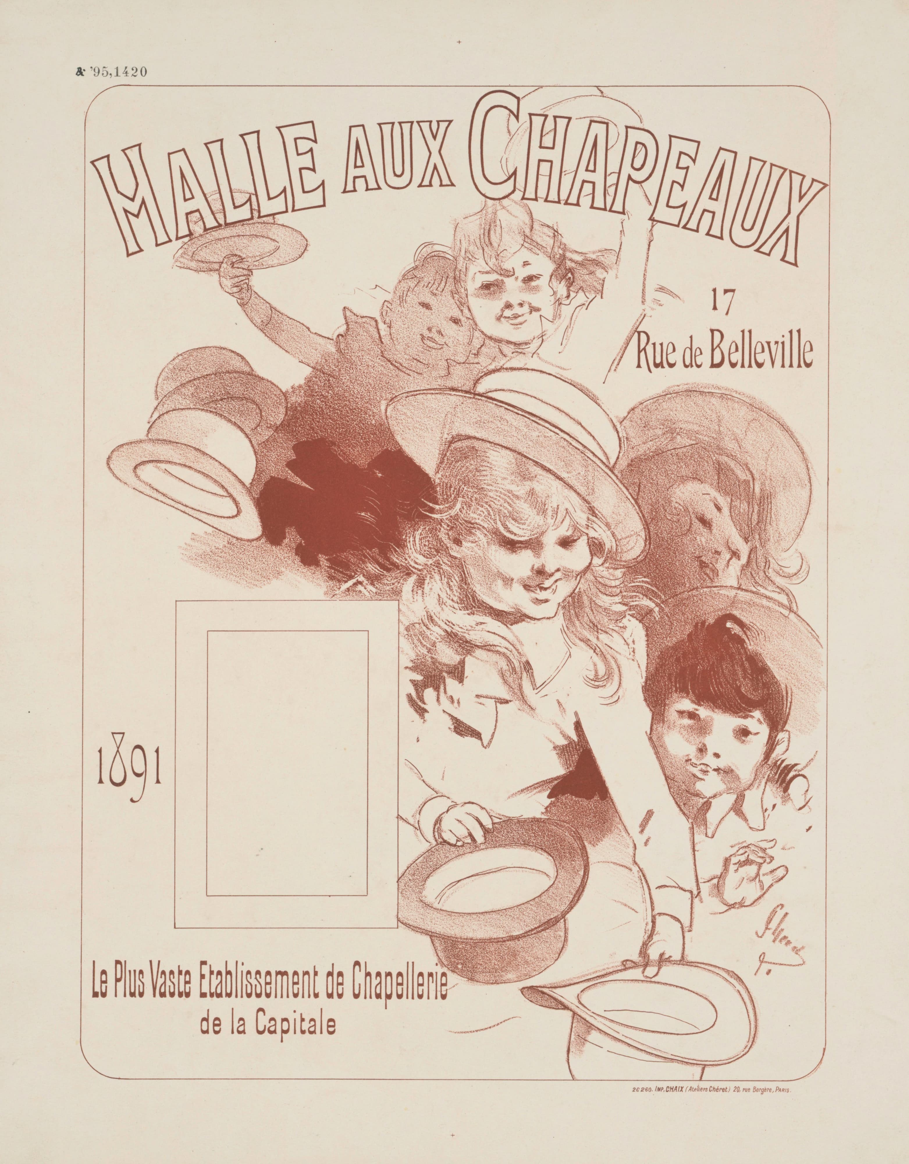 《帽子厅。首都最大的女帽工厂》（Hat Hall. The largest millinery establishment in the capital）｜朱尔·谢雷 Jules Chéret｜1891
