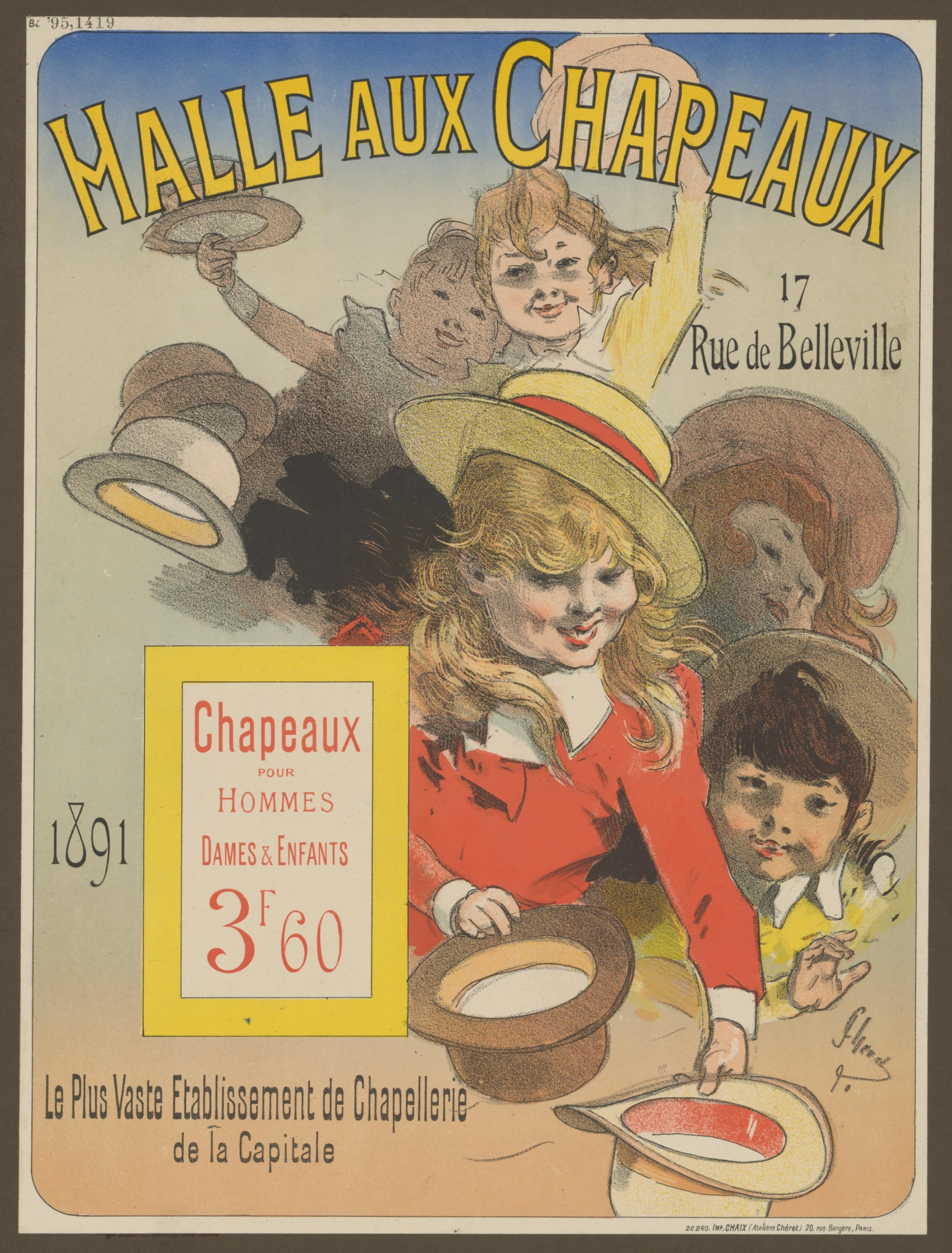 《帽子厅。首都最大的女帽工厂》（Hat Hall. The largest millinery establishment in the capital）｜朱尔·谢雷 Jules Chéret｜1891