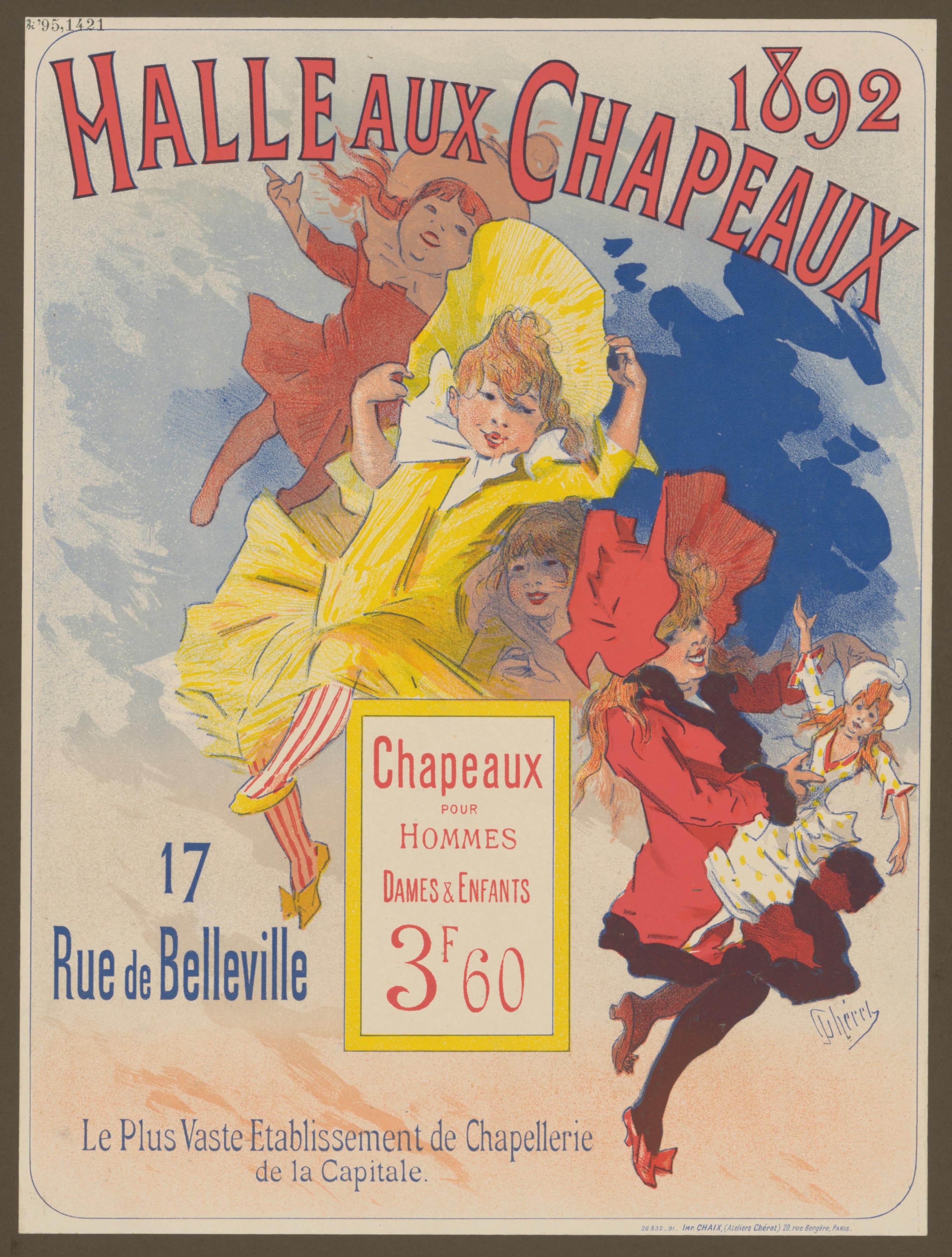 《帽子厅。首都最大的女帽工厂》（Hat Hall. The largest millinery establishment in the capital）｜朱尔·谢雷 Jules Chéret｜1892