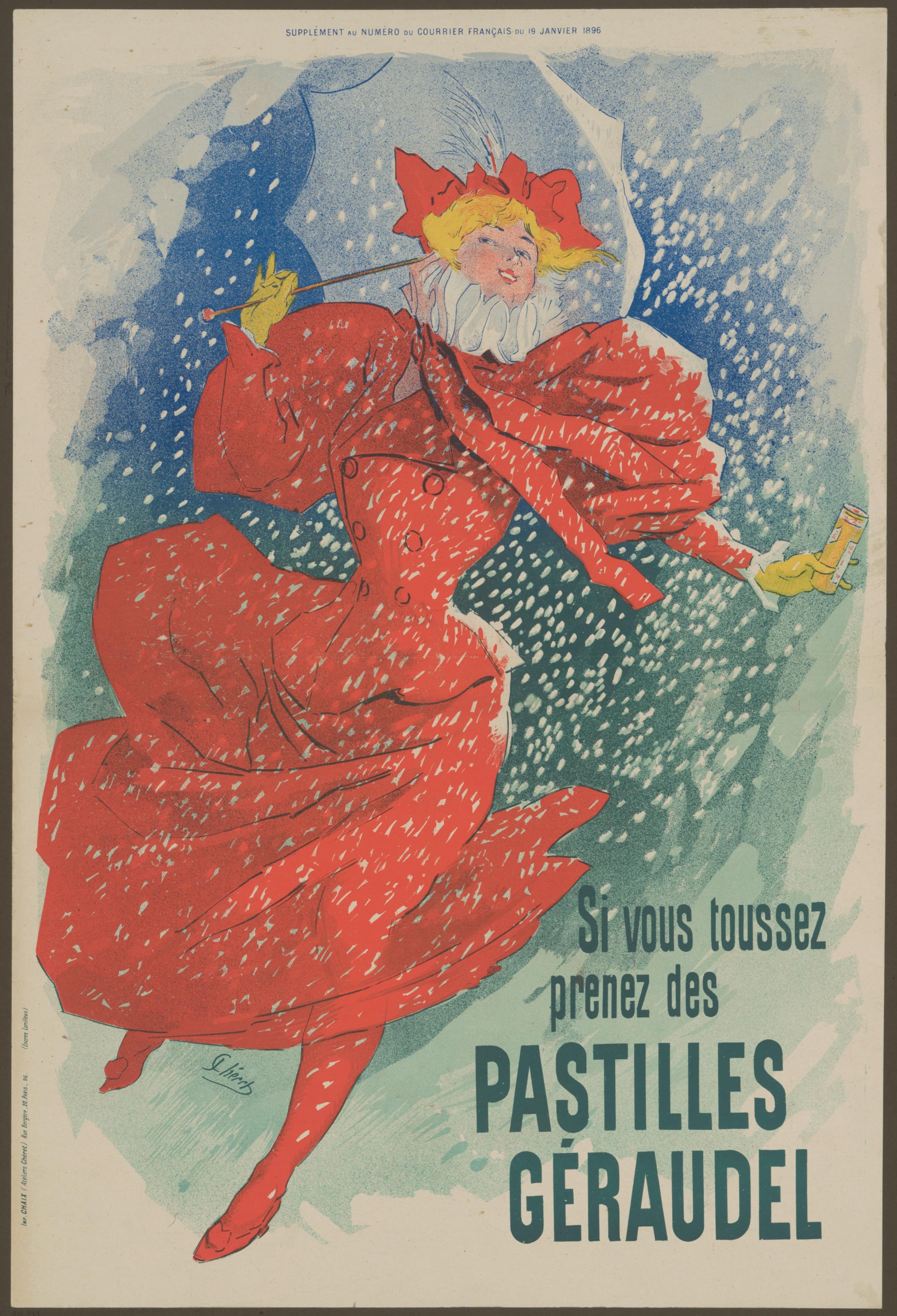 《Pastilles Géraudel（撑伞的女人）》（Pastilles Géraudel (Woman with an Umbrella)）｜朱尔·谢雷 Jules Chéret｜1896
