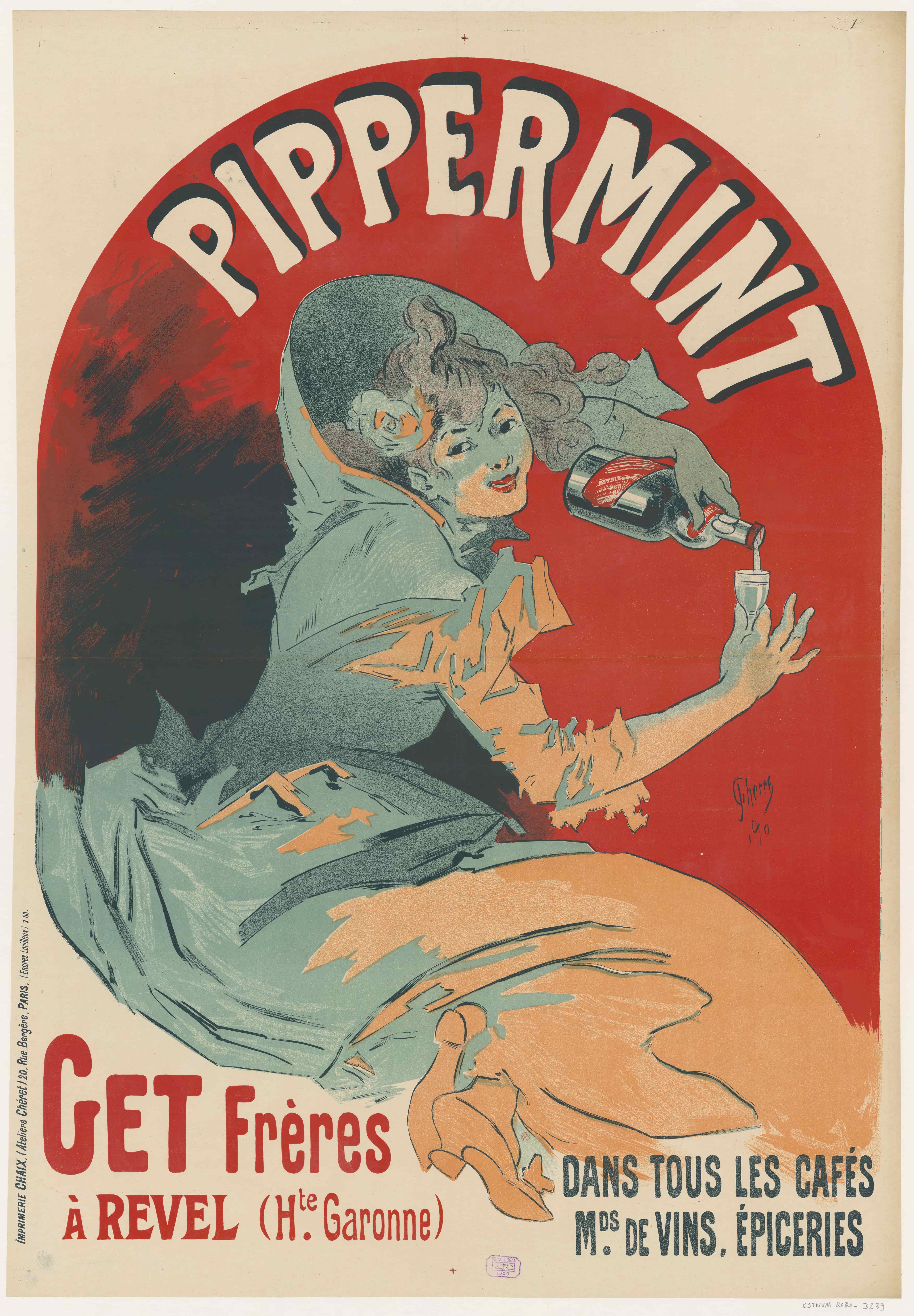 《薄荷。在Revel（上加龙省）找到Frères。在所有的咖啡馆里》（Pipemint. Get Frères in Revel (Haute Garonne). In all the cafes）｜朱尔·谢雷 Jules Chéret｜1900