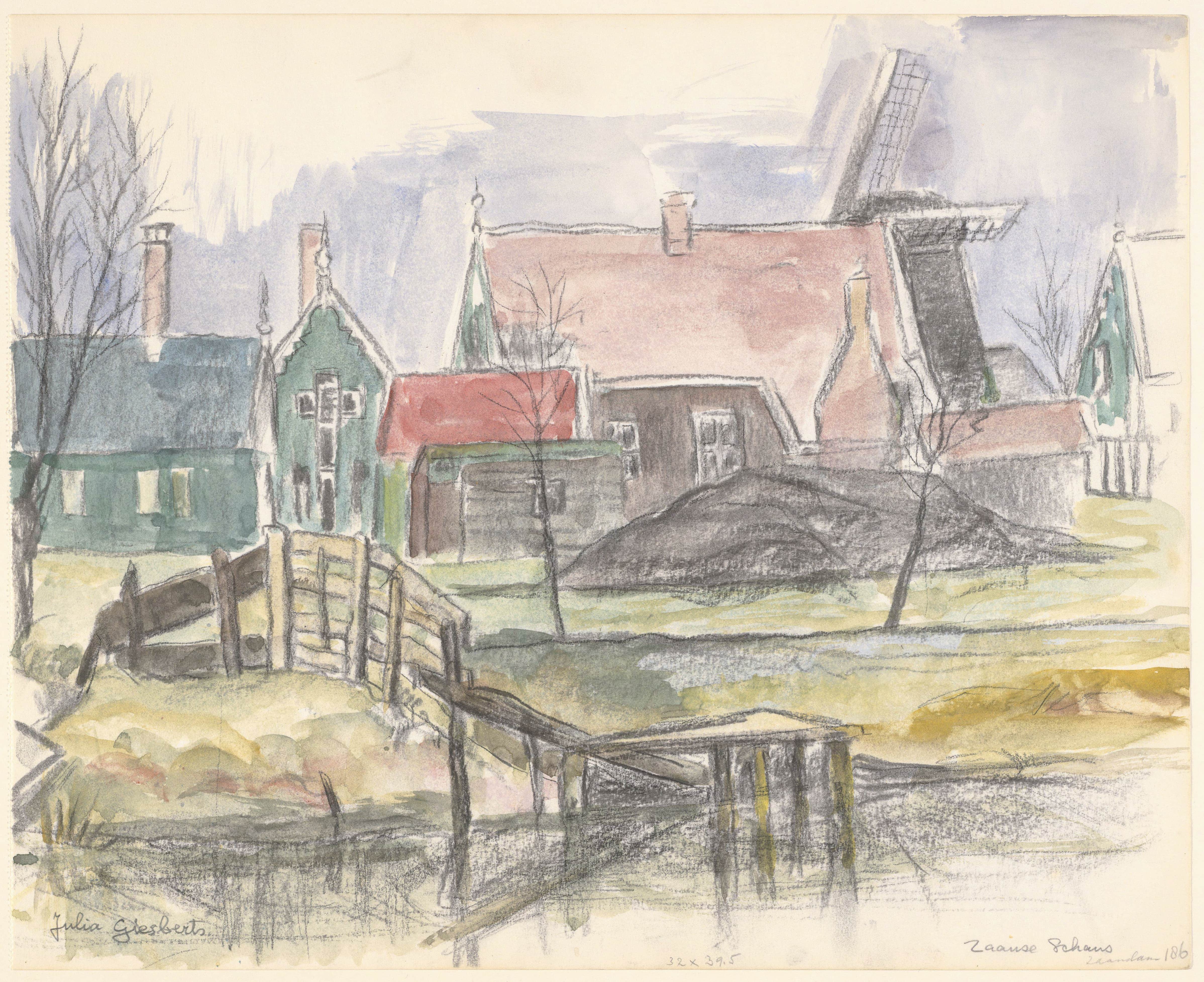 《桑斯安斯风车村 (Zaanse-Schans) 上的房屋，右侧背景中有一座磨坊》（Houses on the Zaanse-Schans, a mill in the background on the right）｜朱莉娅·吉斯贝茨 Julia Giesberts｜不明