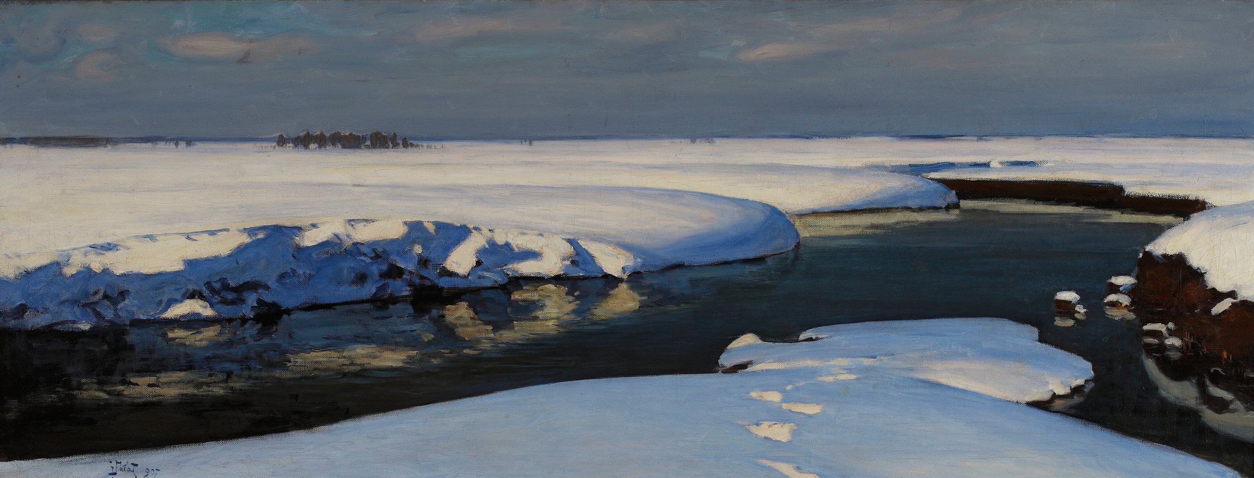 《有河流的冬日风景》（Winter landscape with a river）｜尤利安·法瓦特 Julian Fałat｜1907