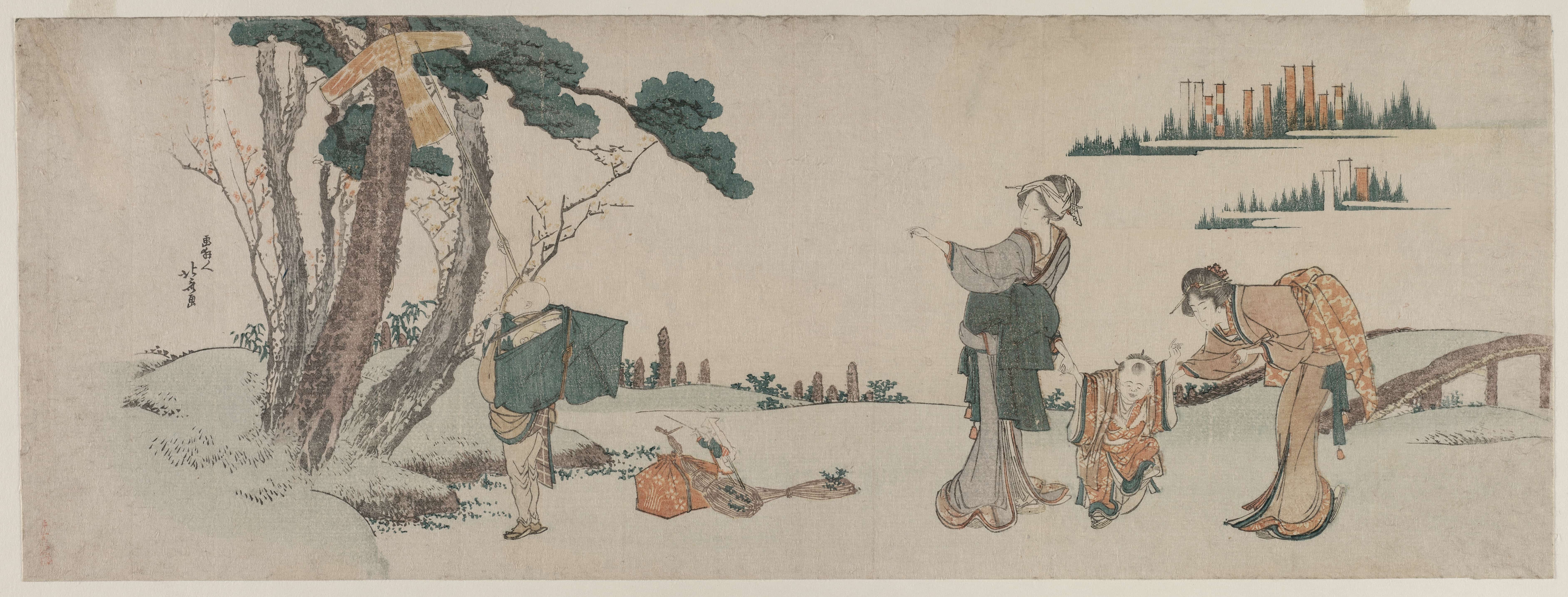 《妇女安慰风筝挂在树上的孩子》（Women Distracting a Child whose Kite is caught in a Tree）｜葛饰北斋 Katsushika Hokusai｜c. 1800