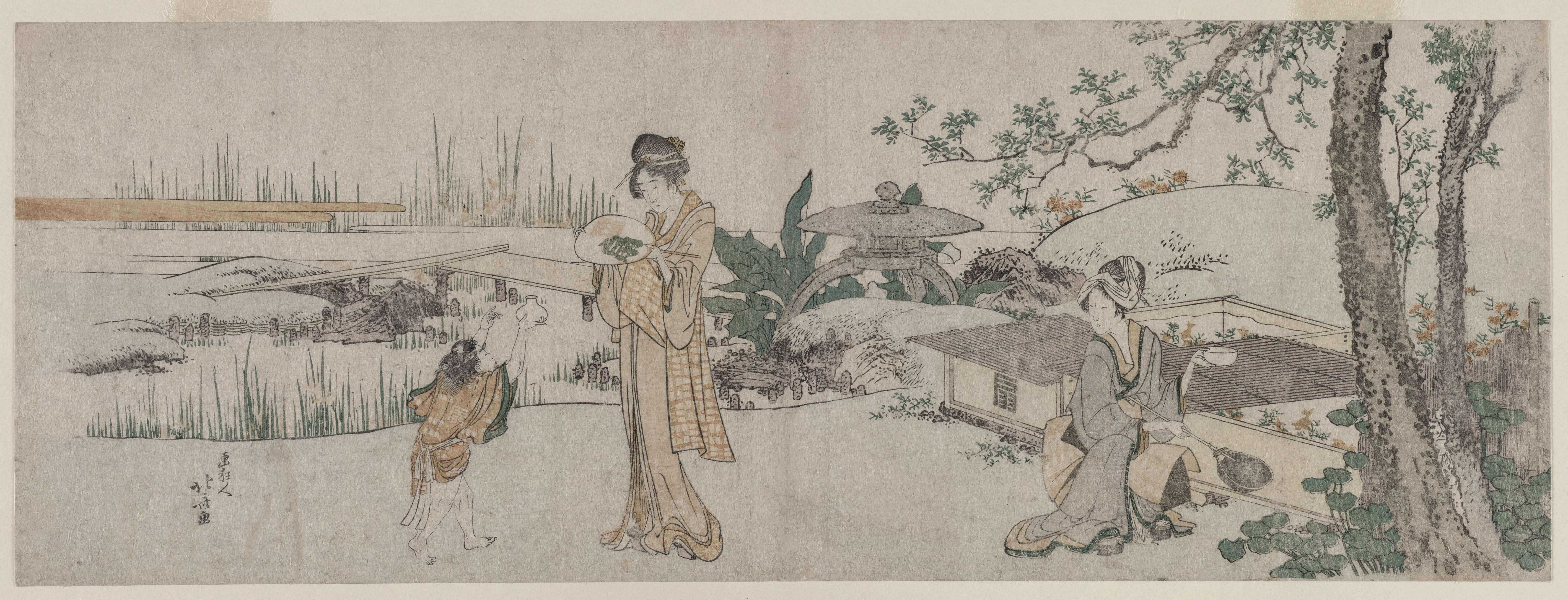 《金鱼缸旁的两个妇女和一个孩子》（Two Women and a Child Beside a Goldfish Tank）｜葛饰北斋 Katsushika Hokusai｜c. 1800