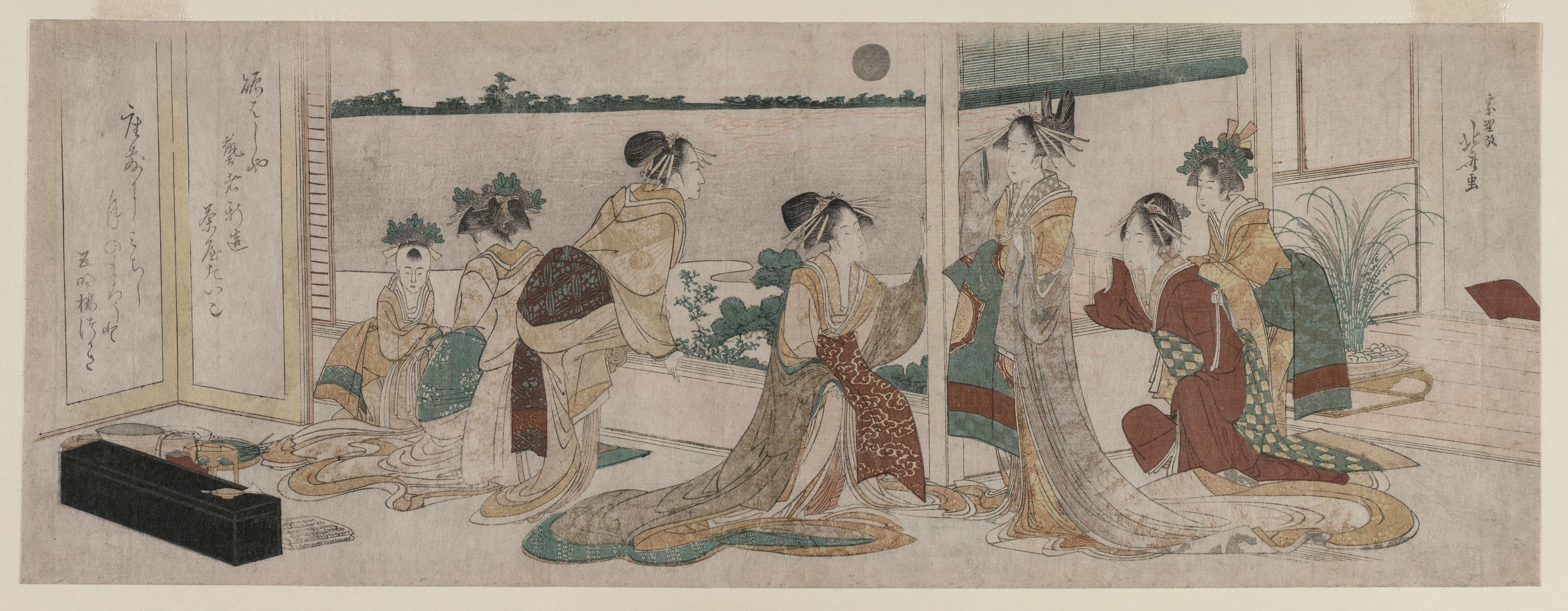 扇屋的司与众游女在吉原阳台上观稻田秋月