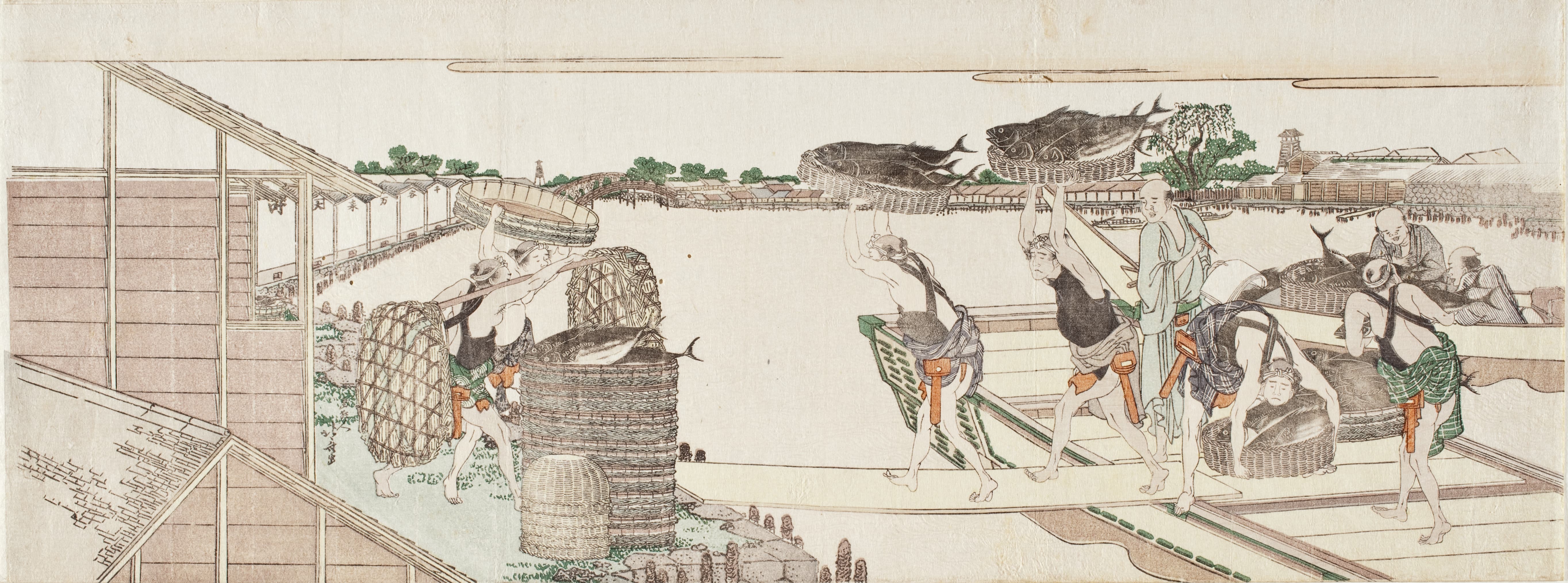 《卸下鲣鱼上市》（Unloading Bonito for Market）｜葛饰北斋 Katsushika Hokusai｜约 1802-1804
