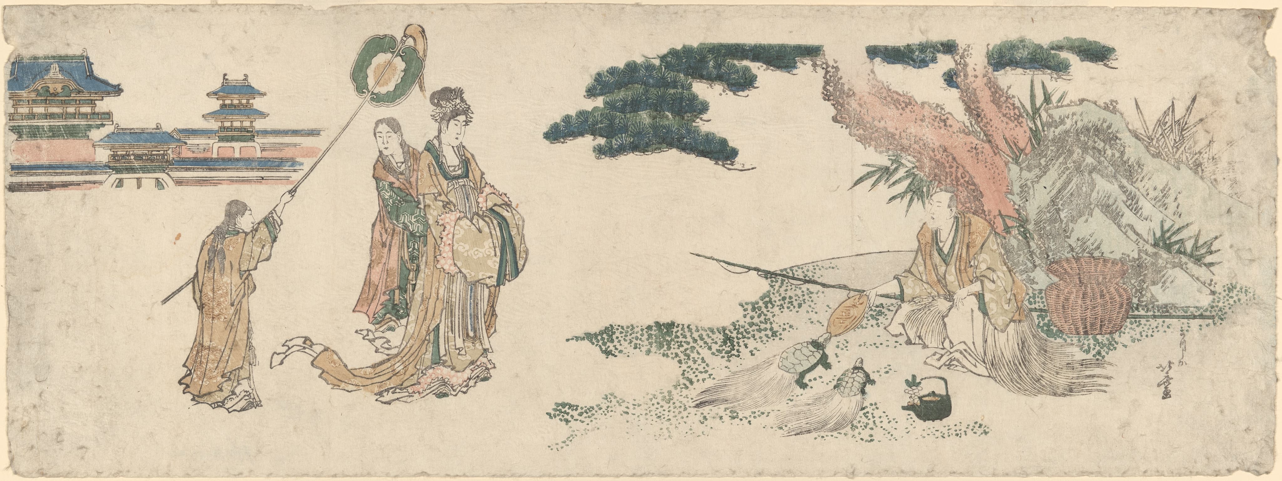 老人喂乌龟；诸侯及侍从前来