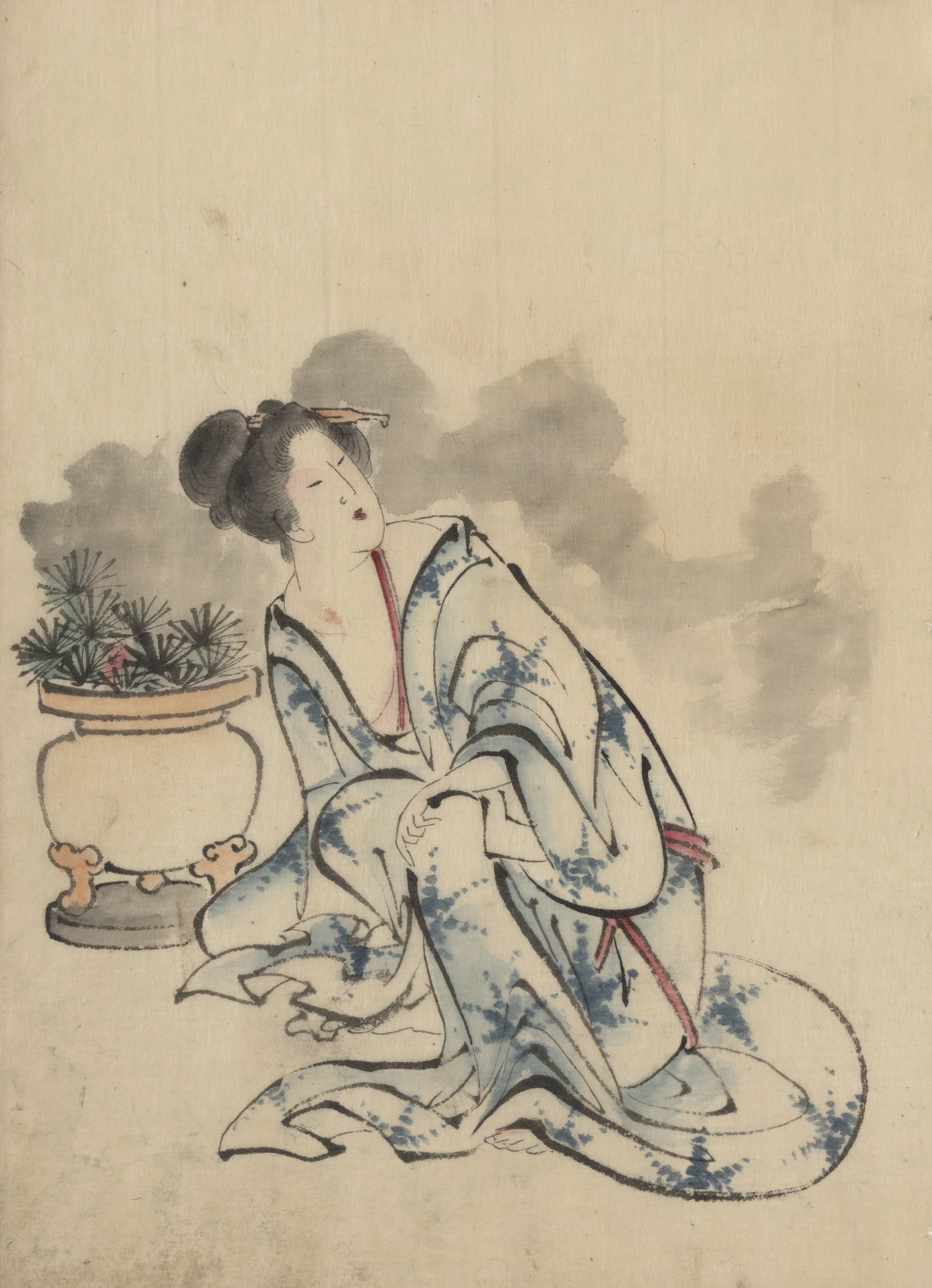 《坐在花盆旁边的女人，可能是妓女》（Woman, possibly a courtesan, sitting next to a flowerpot）｜葛饰北斋 Katsushika Hokusai｜1830-1850