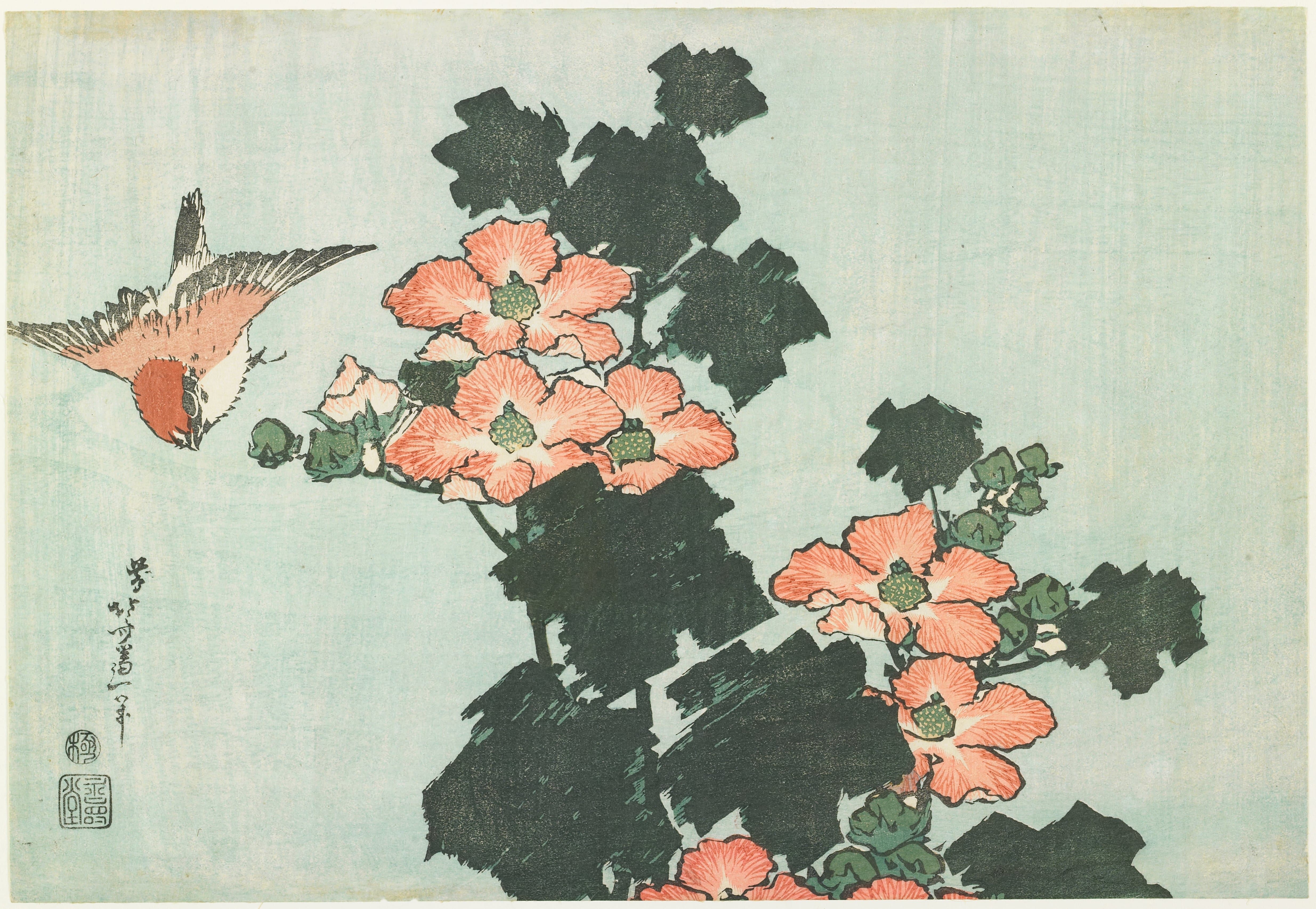 《木槿和麻雀》（Hibiscus and Sparrow）｜葛饰北斋 Katsushika Hokusai｜约 1833-1834