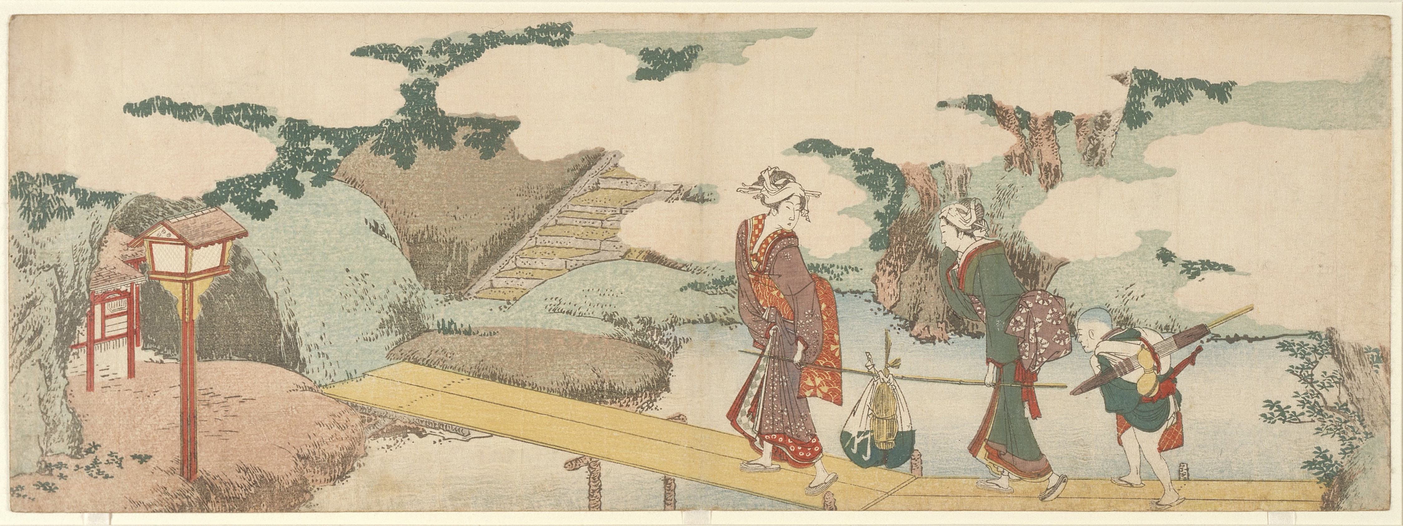 《木板路上的两个女人和一个男孩》（Two Women and a Boy on Boardwalk）｜葛饰北斋 Katsushika Hokusai｜19世纪初