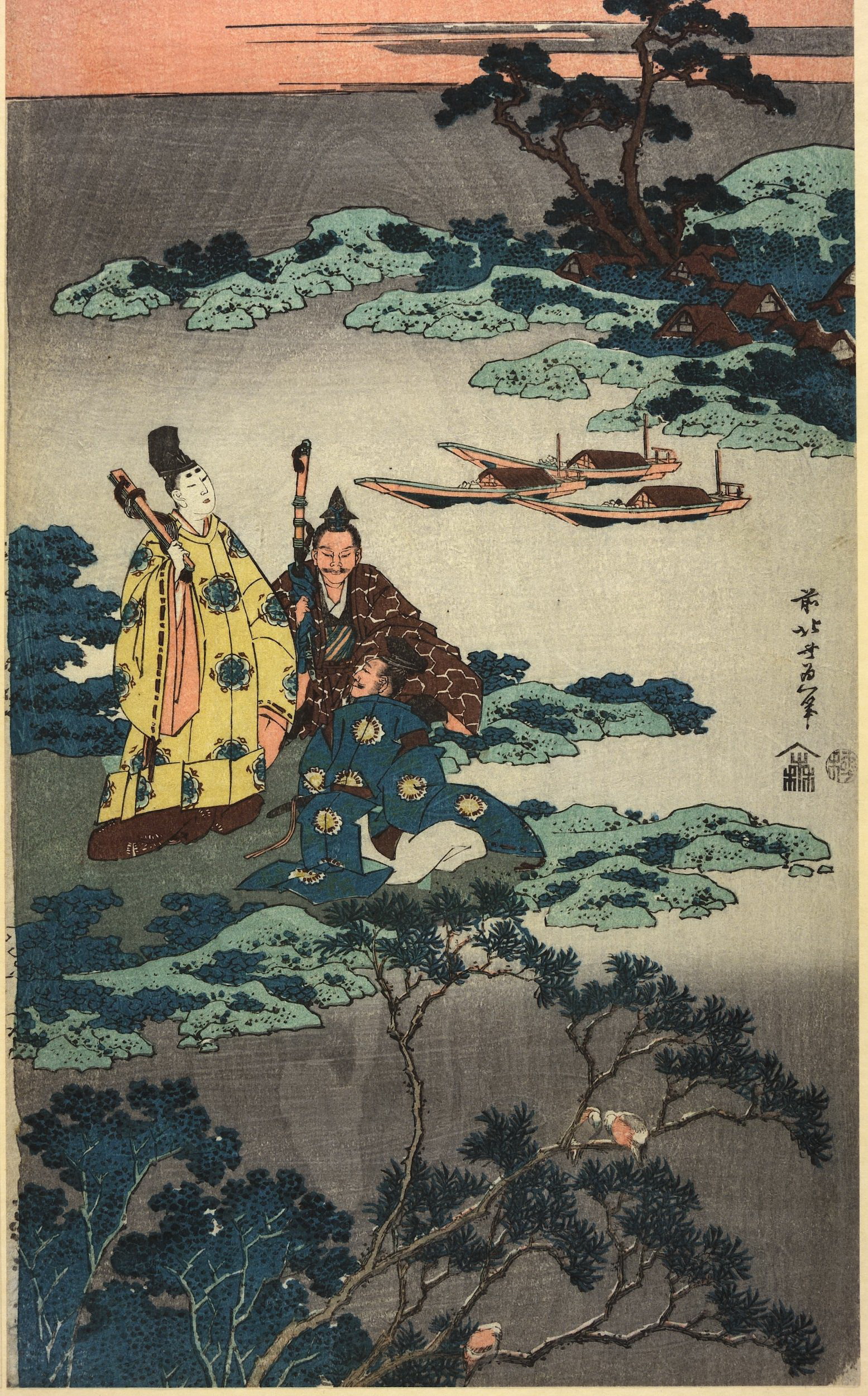 《4.宫廷诗人大神彻、大臣彻在狭窄的海湾岸边沉思月片段2》（4. Court poet Toru Daijin, minister Toru contemplates the month on the shore of a narrow bay fragment 2）｜葛饰北斋 Katsushika Hokusai｜1830
