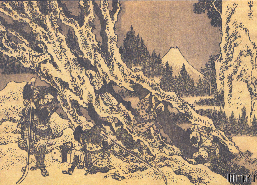 《《富岳百景》第010图：1.富士山，在两座山之间可见》（10.1. Fuji, visible between two mountains）｜葛饰北斋 Katsushika Hokusai｜1835-1847