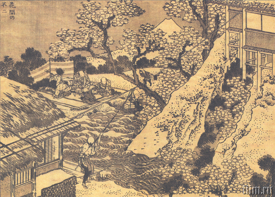 《《富岳百景》第029图：1. 花节。透过开花的树木可见富士山的剪影》（29.1.Blossom Festival. Fuji silhouette visible through flowering trees）｜葛饰北斋 Katsushika Hokusai｜1835-1847