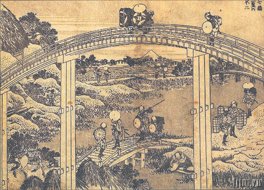 《《富岳百景》第048图：桥下的富士》（48. Fuji under the bridge）｜葛饰北斋 Katsushika Hokusai｜1835-1847