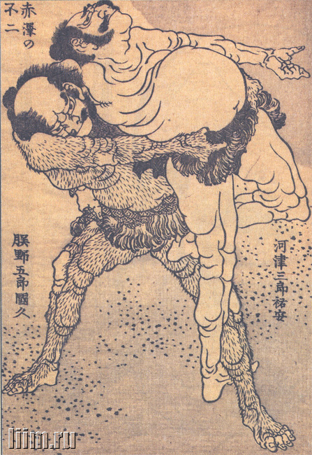《《富岳百景》第062图：著名相扑力士又野五郎国波座（左）》（62.Famous sumo wrestler Matano no Goro Kunihaza (left)）｜葛饰北斋 Katsushika Hokusai｜1835-1847
