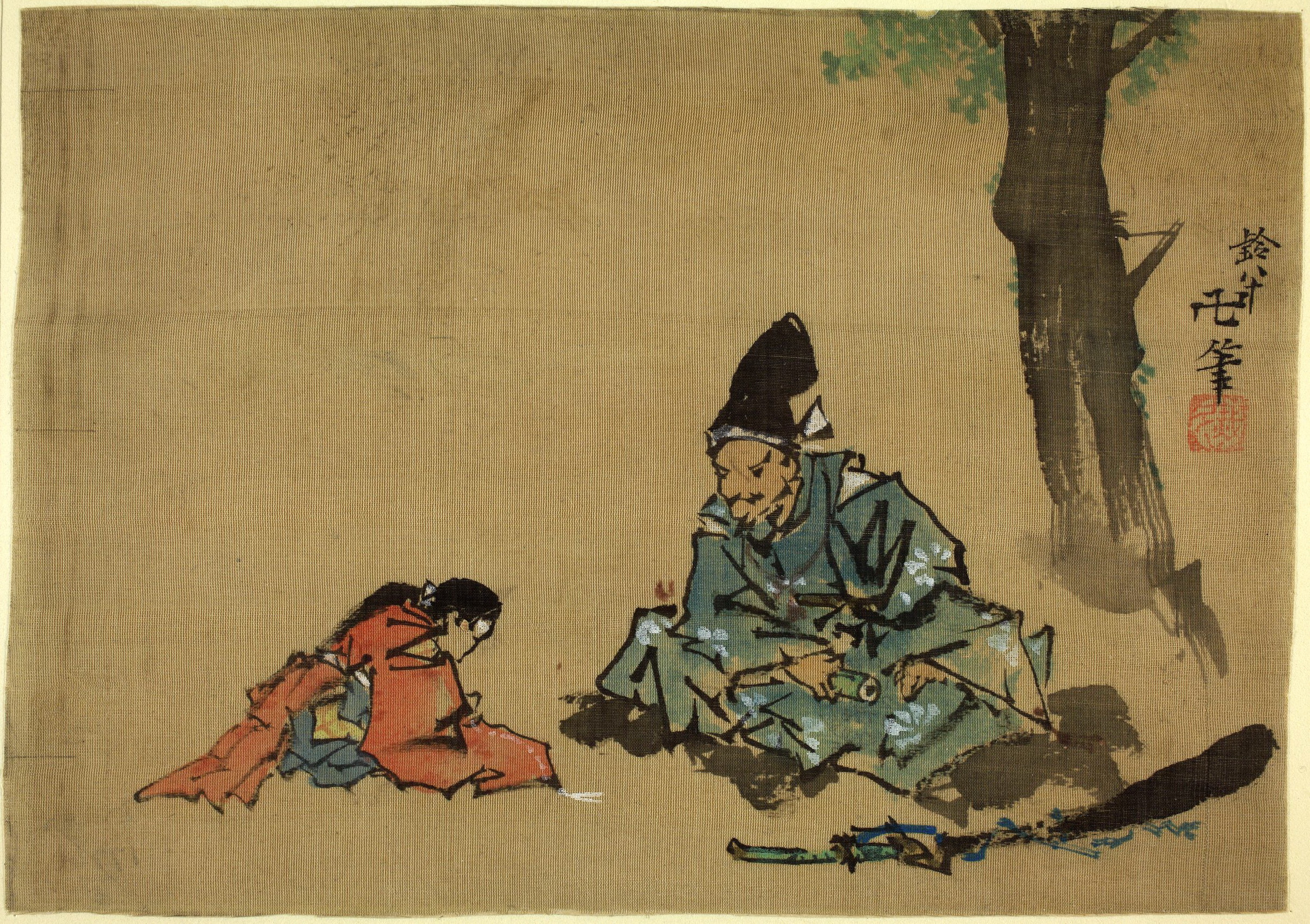 《素描。高贵的战士指导学徒丝绸 伦敦，大英博物馆》（Sketch. A Noble Warrior Instructs an Apprentice Silk London, British Museum）｜葛饰北斋 Katsushika Hokusai｜19世纪