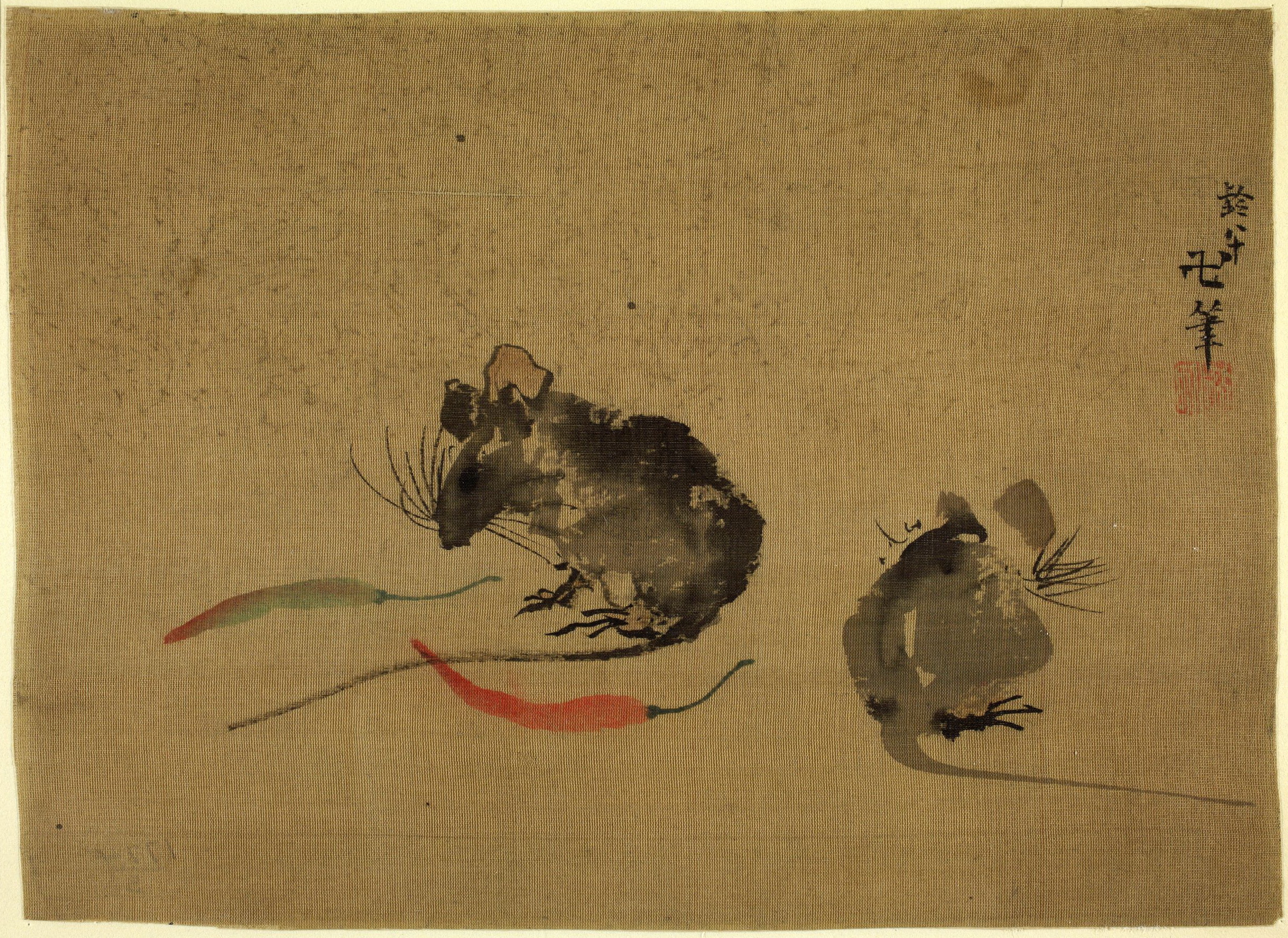 《素描。两只老鼠与胡椒丝 伦敦，大英博物馆》（Sketch. Two rats with pepper silk London, British Museum）｜葛饰北斋 Katsushika Hokusai｜19世纪