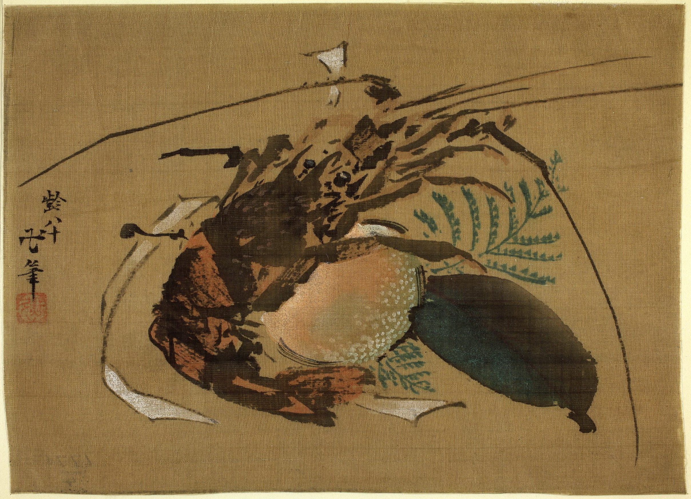 《素描。龙虾和其他新年标志丝绸伦敦，大英博物馆》（Sketch. Lobster and other New Year emblems silk London, British Museum）｜葛饰北斋 Katsushika Hokusai｜19世纪