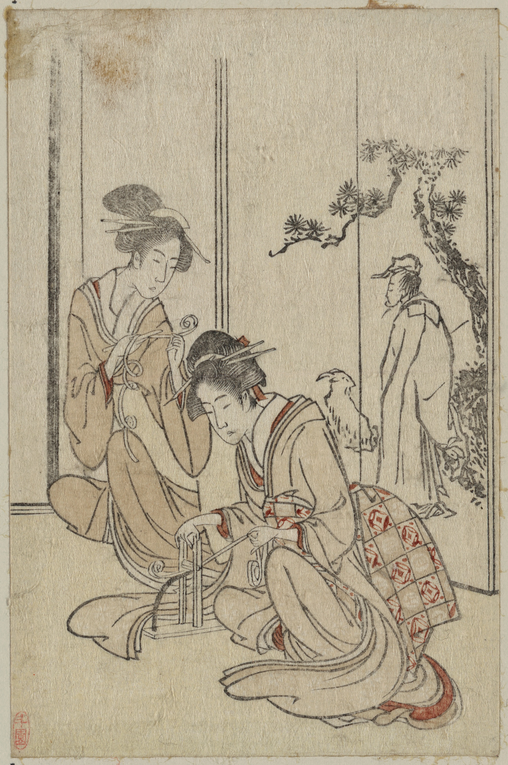 两名年轻女子站在描绘中国圣人的屏风前，1799 年