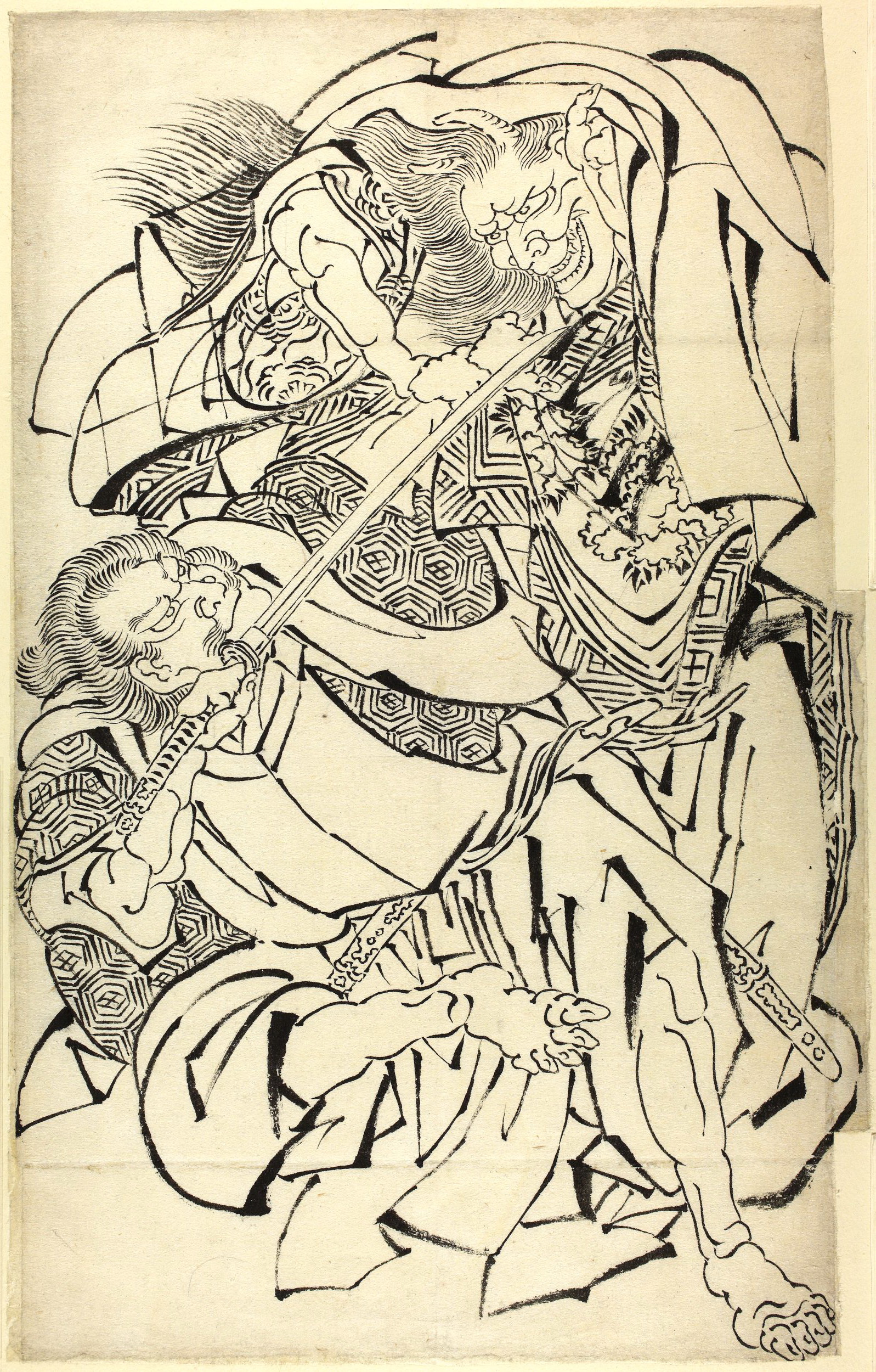 《武士渡边纲攻击般若（魔女）》（Warrior Watanabe no Tsuna attacks a hannya (demon woman)）｜葛饰北斋 Katsushika Hokusai｜19世纪