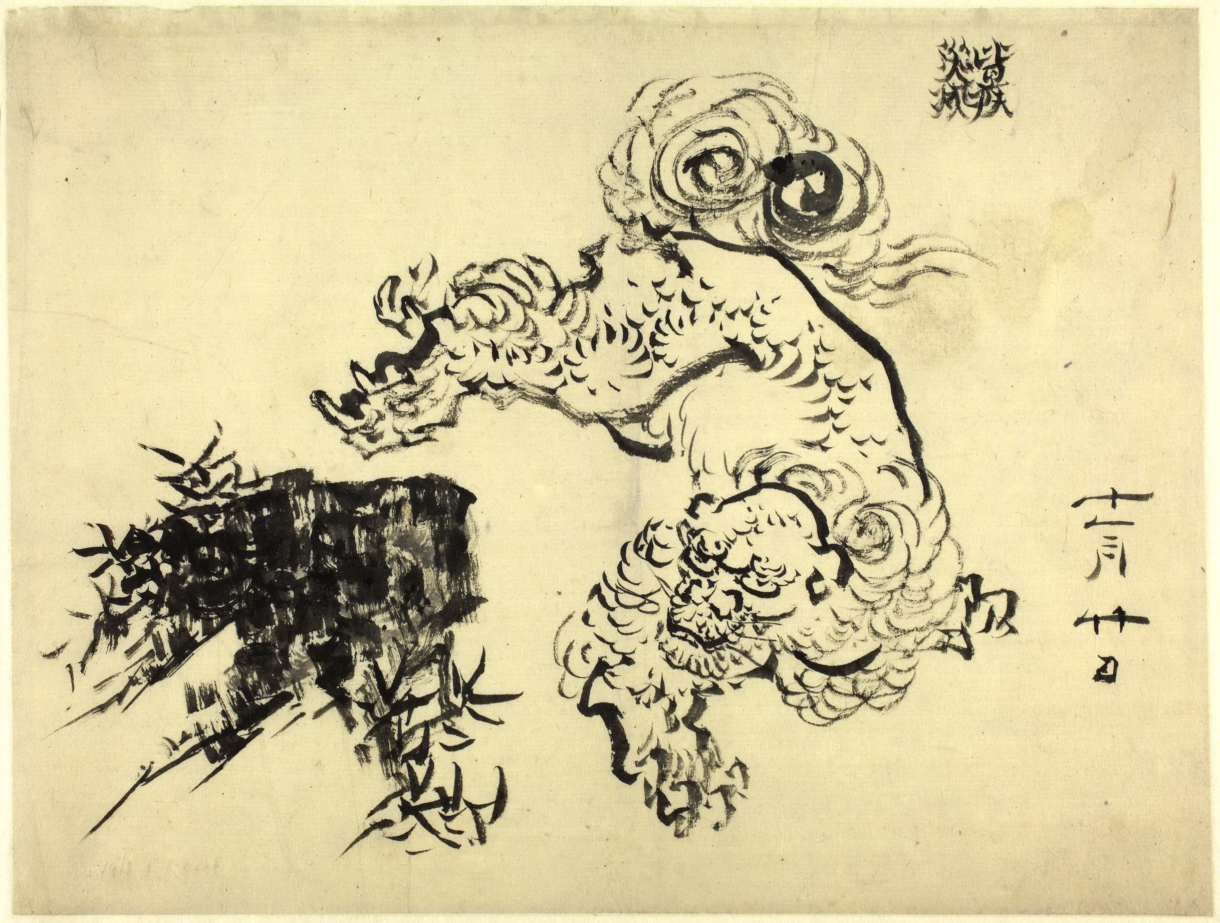 《在岩石旁边的中国狮子 (atr)》（Chinese lion next to a rock (atr)）｜葛饰北斋 Katsushika Hokusai｜19世纪