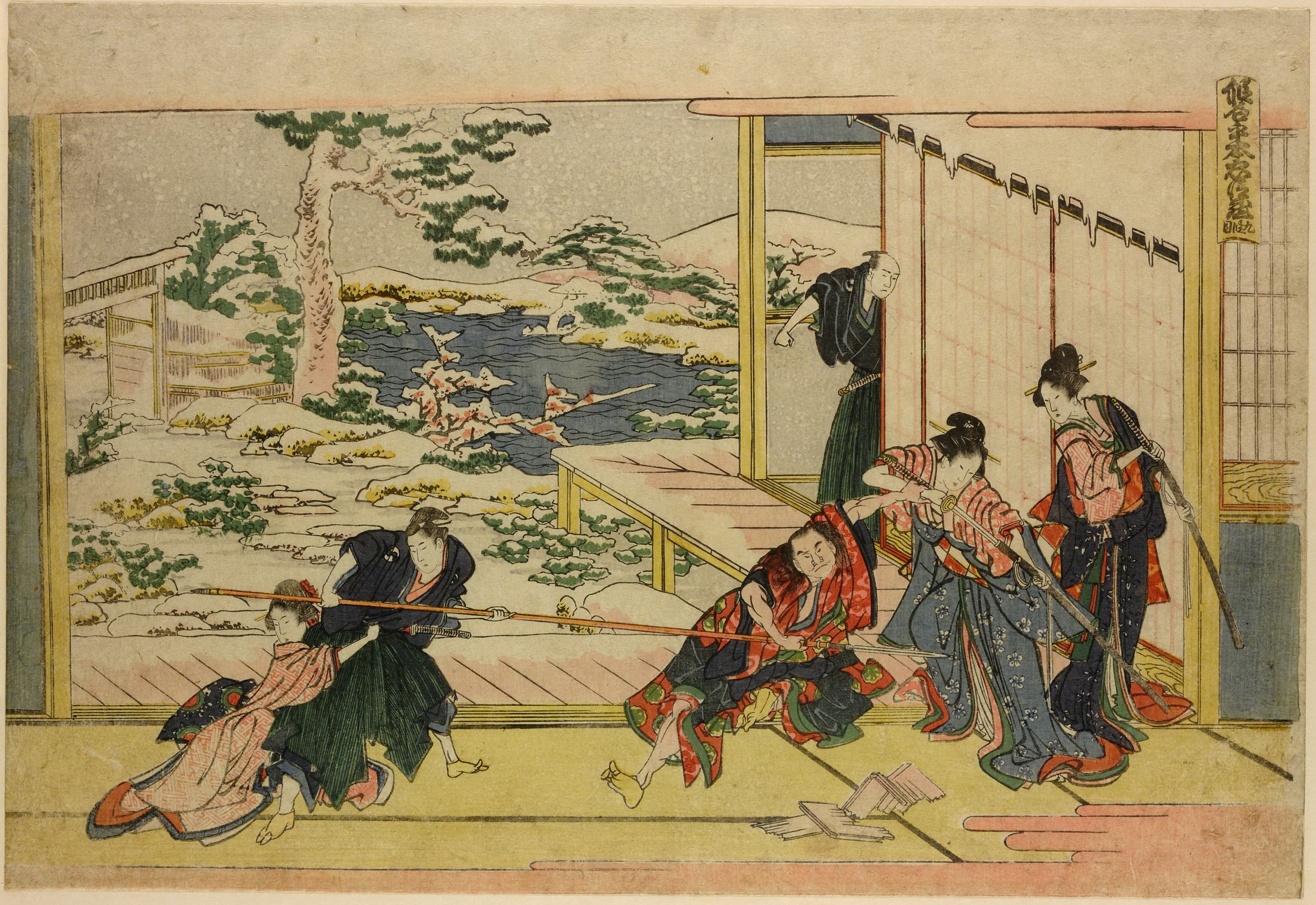 《大星有良之助之家、力也+石向加古川本藏推进，被科乐美1克制》（House of Oboshi Yuranosuke, Rikiya + Ishi thrusting at Kakogawa Honzo, restrained by Konami 1）｜葛饰北斋 Katsushika Hokusai｜1806