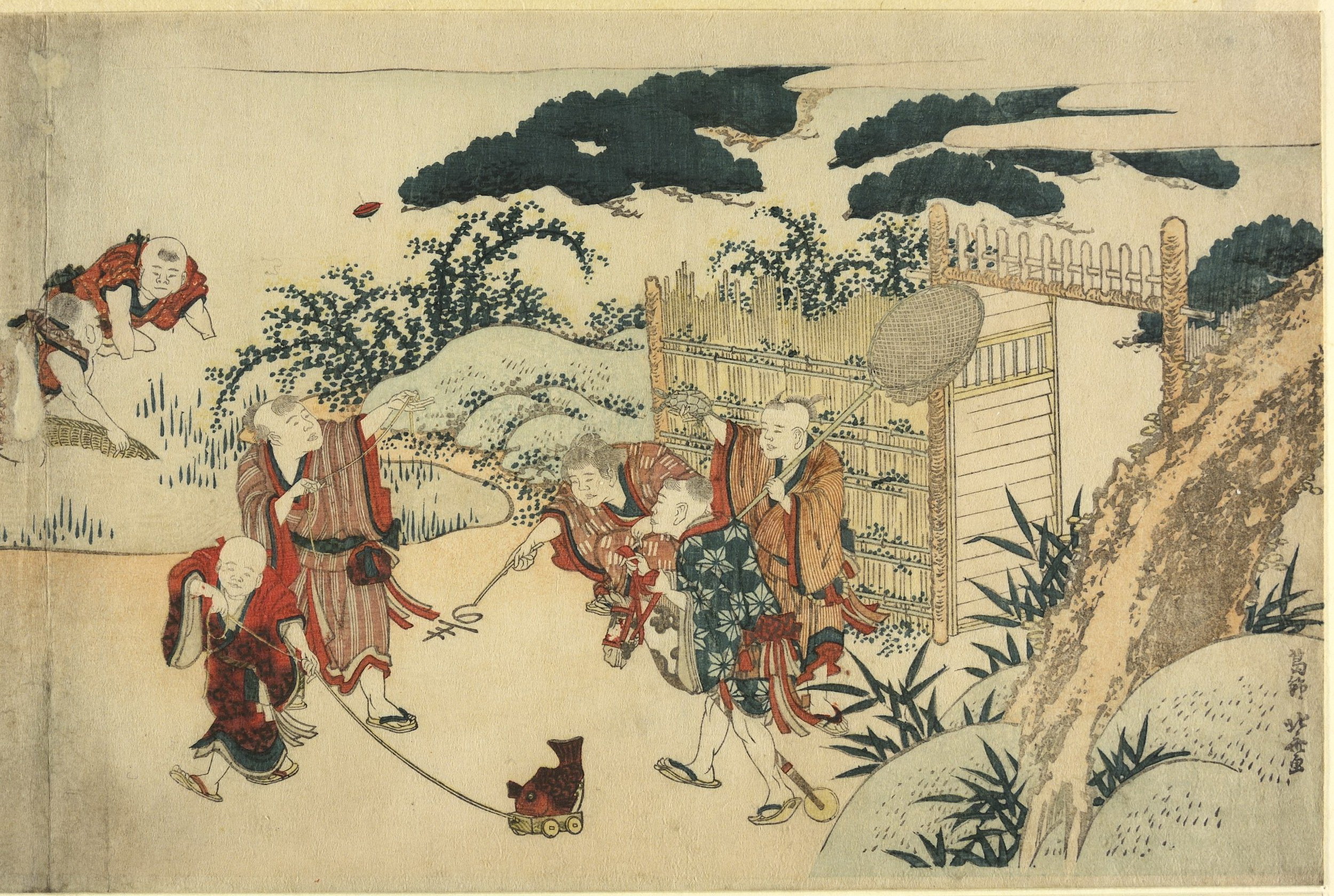 《双连画 七个孩子在河边玩耍 约 1810 页 2》（Diptych Seven children playing by the river 约 1810 sheet 2）｜葛饰北斋 Katsushika Hokusai｜1810