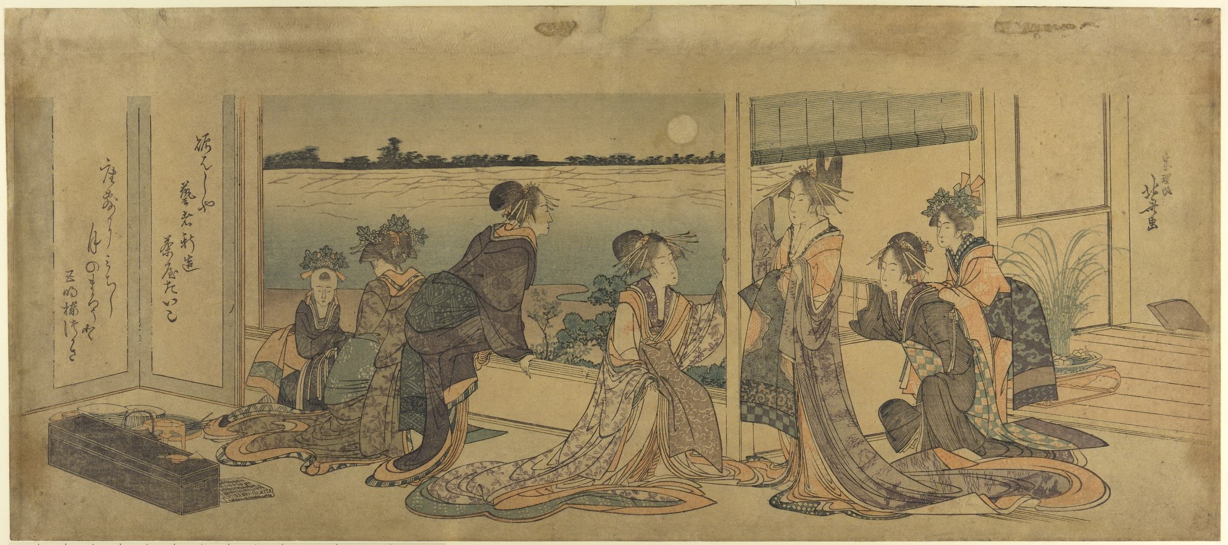 《月夜，妓女和神室在阳台上俯瞰海湾》（Courtesans and kamuro on a balcony overlooking the bay on a moonlit night）｜葛饰北斋 Katsushika Hokusai｜19世纪初