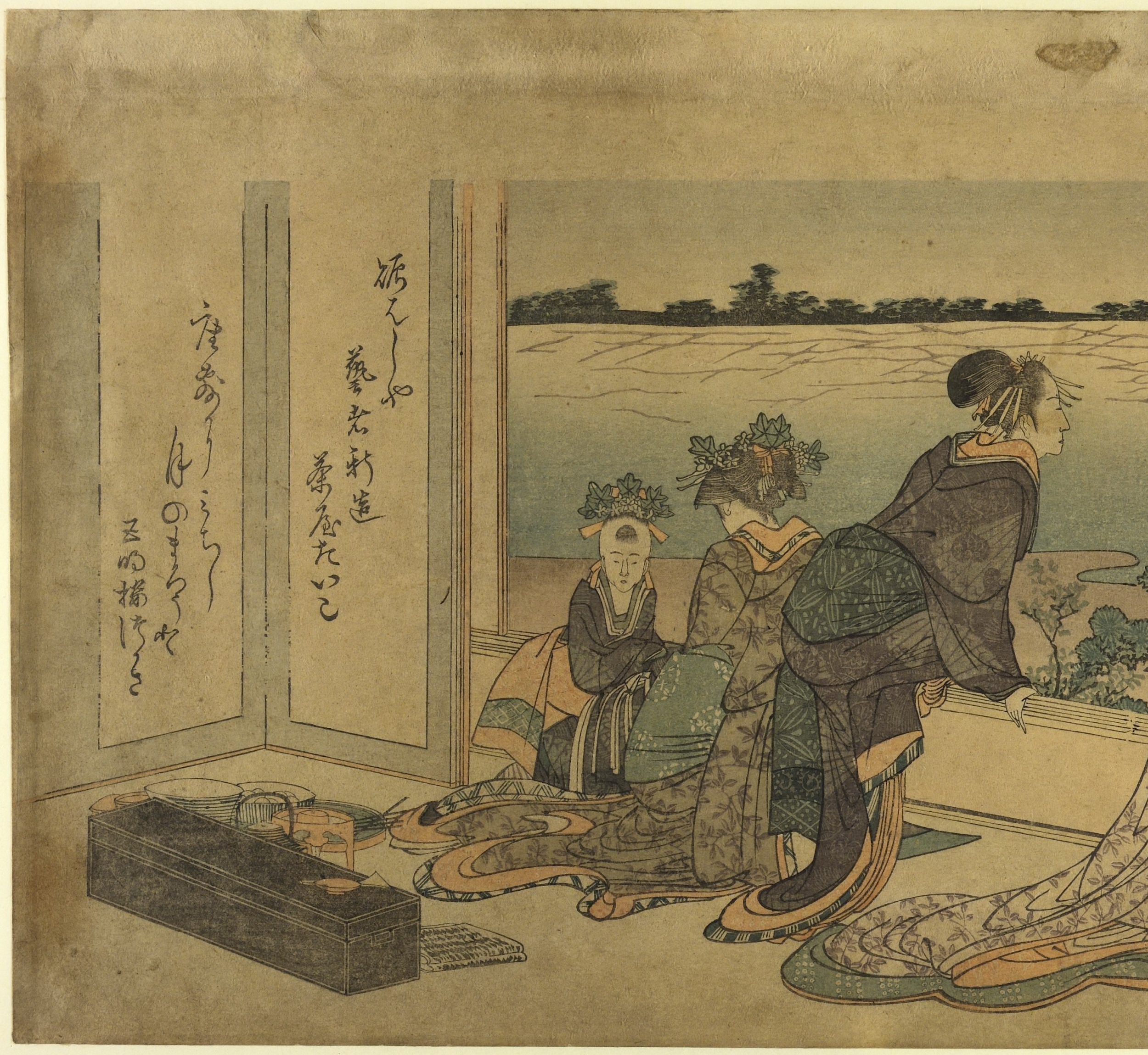 《月夜，在阳台上俯瞰海湾的妓女和神室，第 1 张》（Courtesans and kamuro on a balcony overlooking the bay on a moonlit night, sheet 1）｜葛饰北斋 Katsushika Hokusai｜19世纪初
